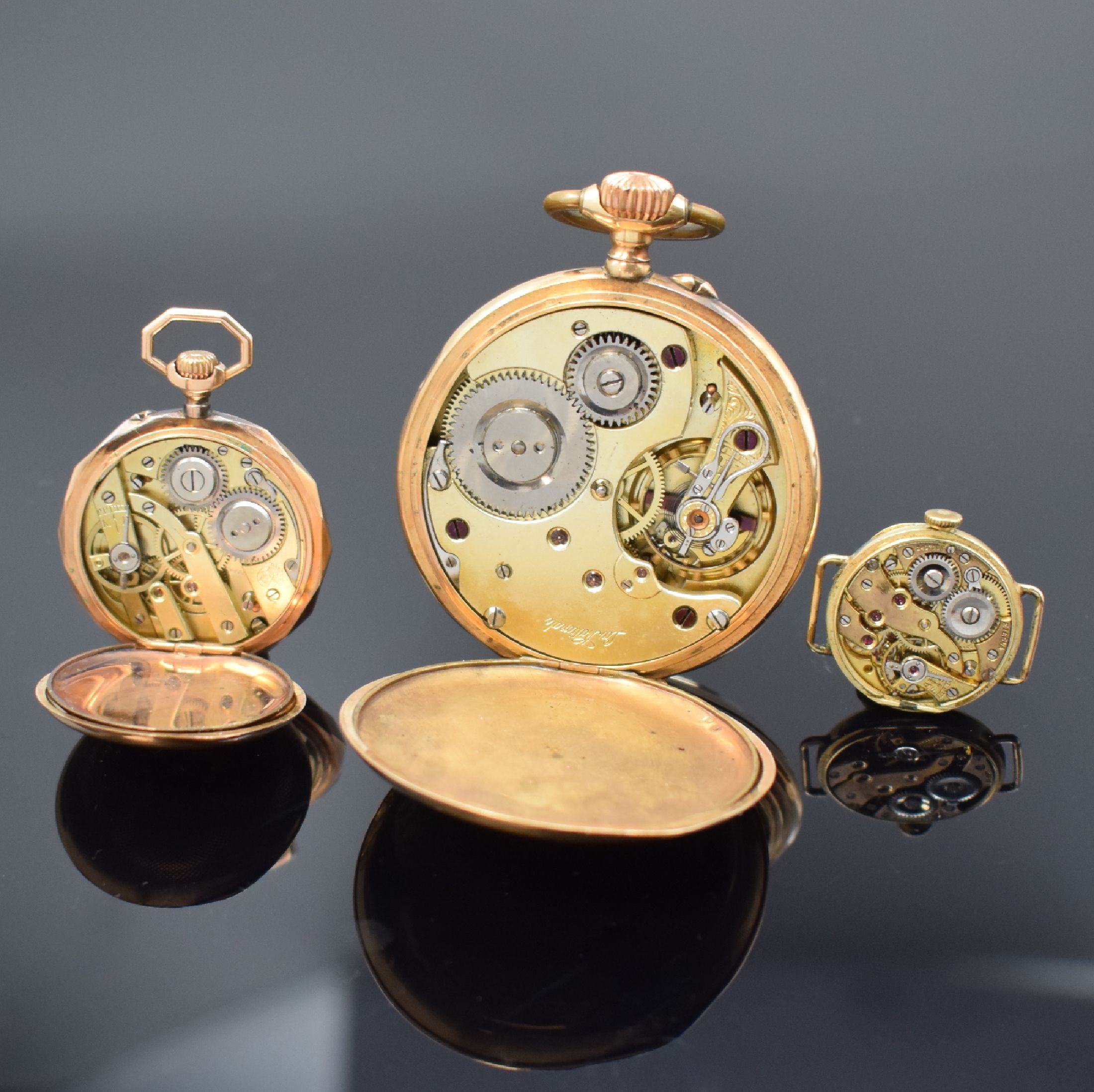 Detail d: MONOPOL DÜRRSTEIN, ETERNA frühe Armbanduhr und 1 offene Taschenuhr in GG/RG 585/000, Schweiz um 1900-1925, Geh. teils angel. u. dell., 2x guill. ...
