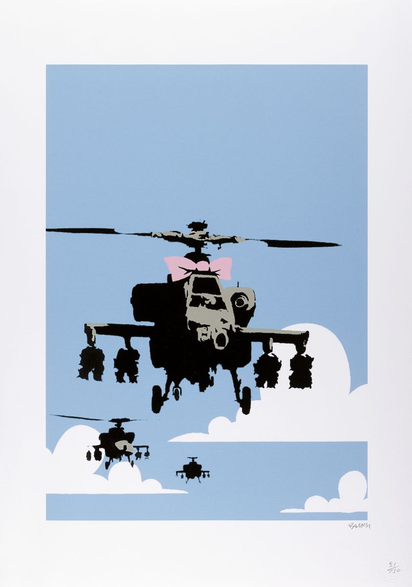 Banksy, Happy Chopper (blau), Farbserigraphie von 2005, handsigniert, Prägestempel P.O.W. Printmaking, num. 91/150, handsigniert, Blattgr. ca. ...