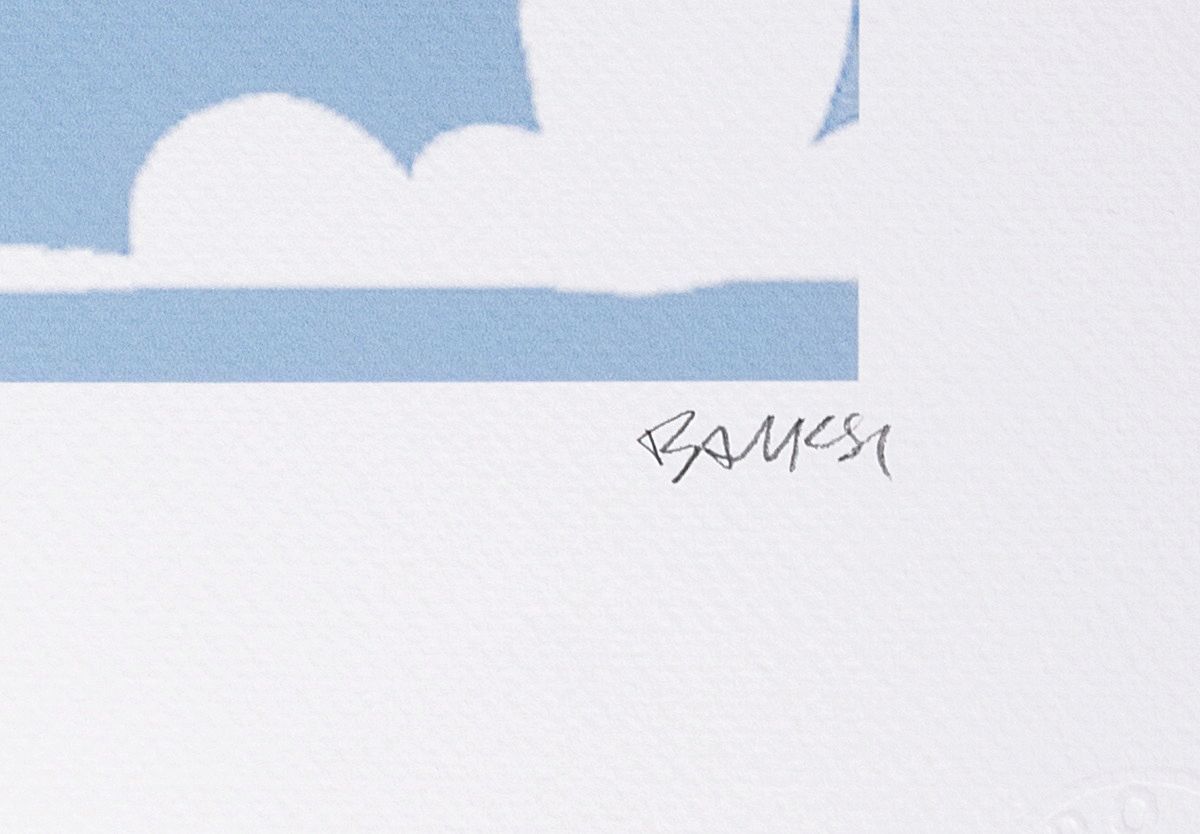 Detail a: Banksy, Happy Chopper (blau), Farbserigraphie von 2005, handsigniert, Prägestempel P.O.W. Printmaking, num. 91/150, handsigniert, Blattgr. ca. ...