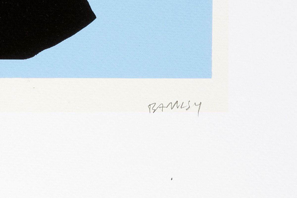 Detail a: Banksy, Bomb Hugger, Farbserigraphie von 2003, handsigniert, num. 96/150, Prägestempel P.O.W. Printmaking, Blattgr. ca. 70x50cm