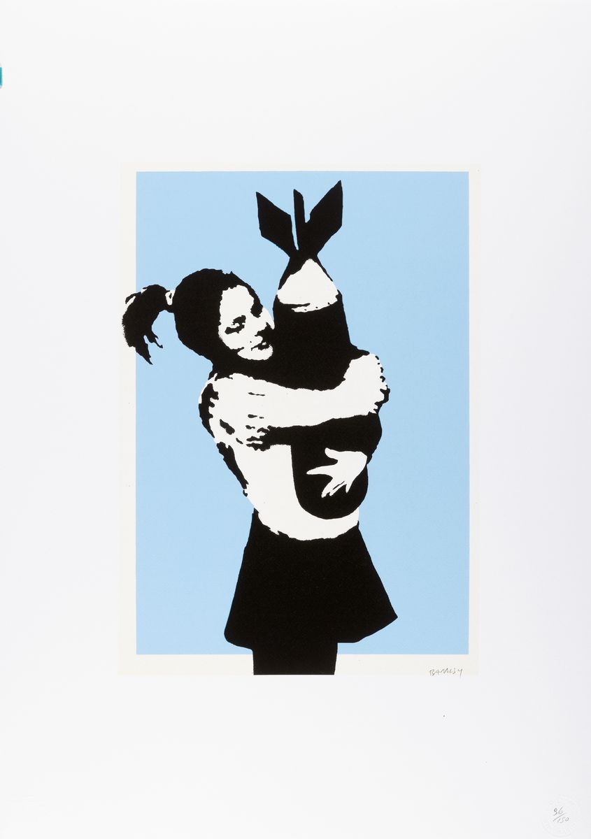 Detail k: Banksy, Bomb Hugger, Farbserigraphie von 2003, handsigniert, num. 96/150, Prägestempel P.O.W. Printmaking, Blattgr. ca. 70x50cm
