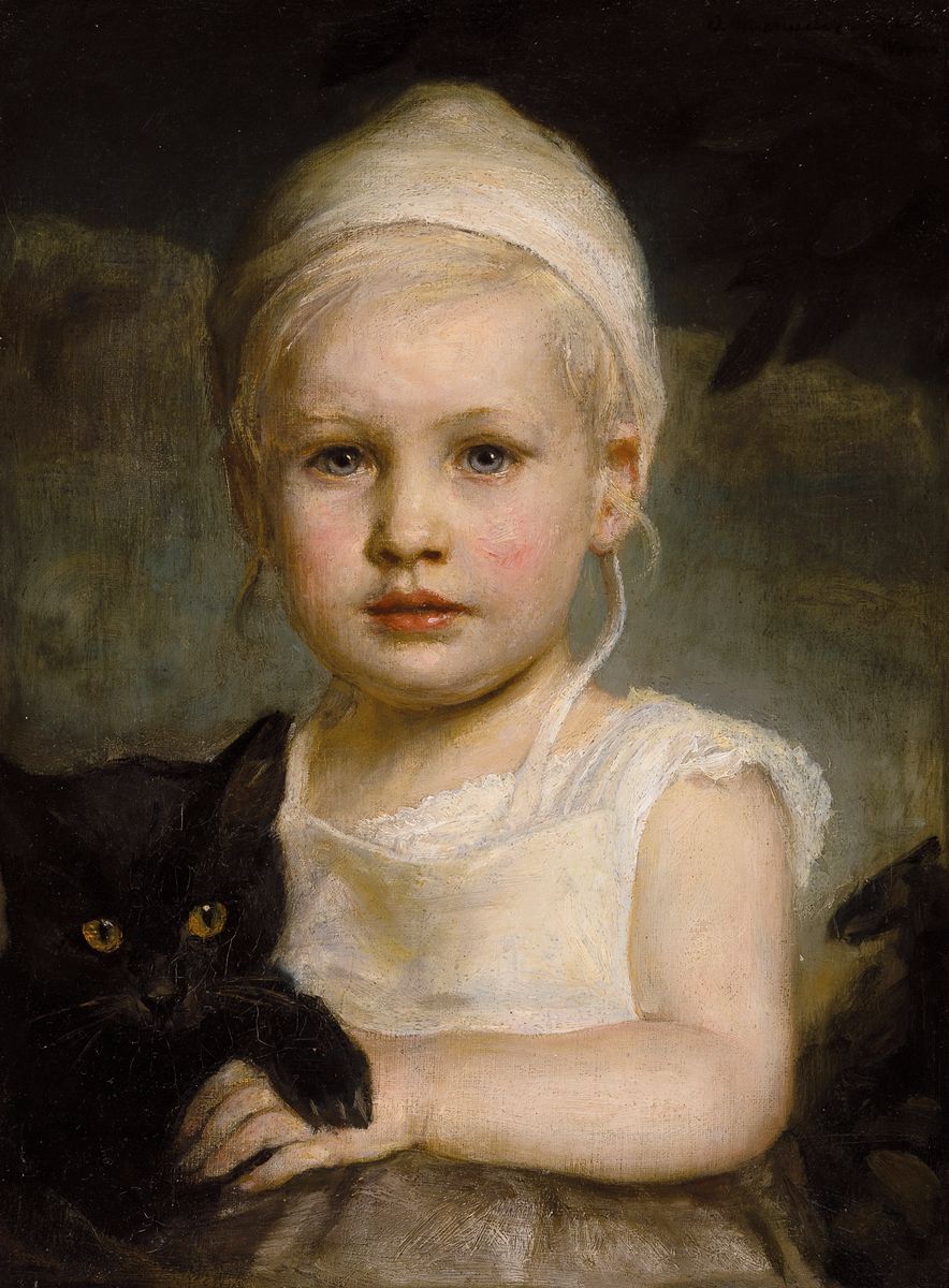 Oskar Michaelis, 1872 Leipzig - 1946 München , Kinderporträt mit schwarzer Katze, Öl/Lwd , rechts unten signiert und datiert bez. München, ...