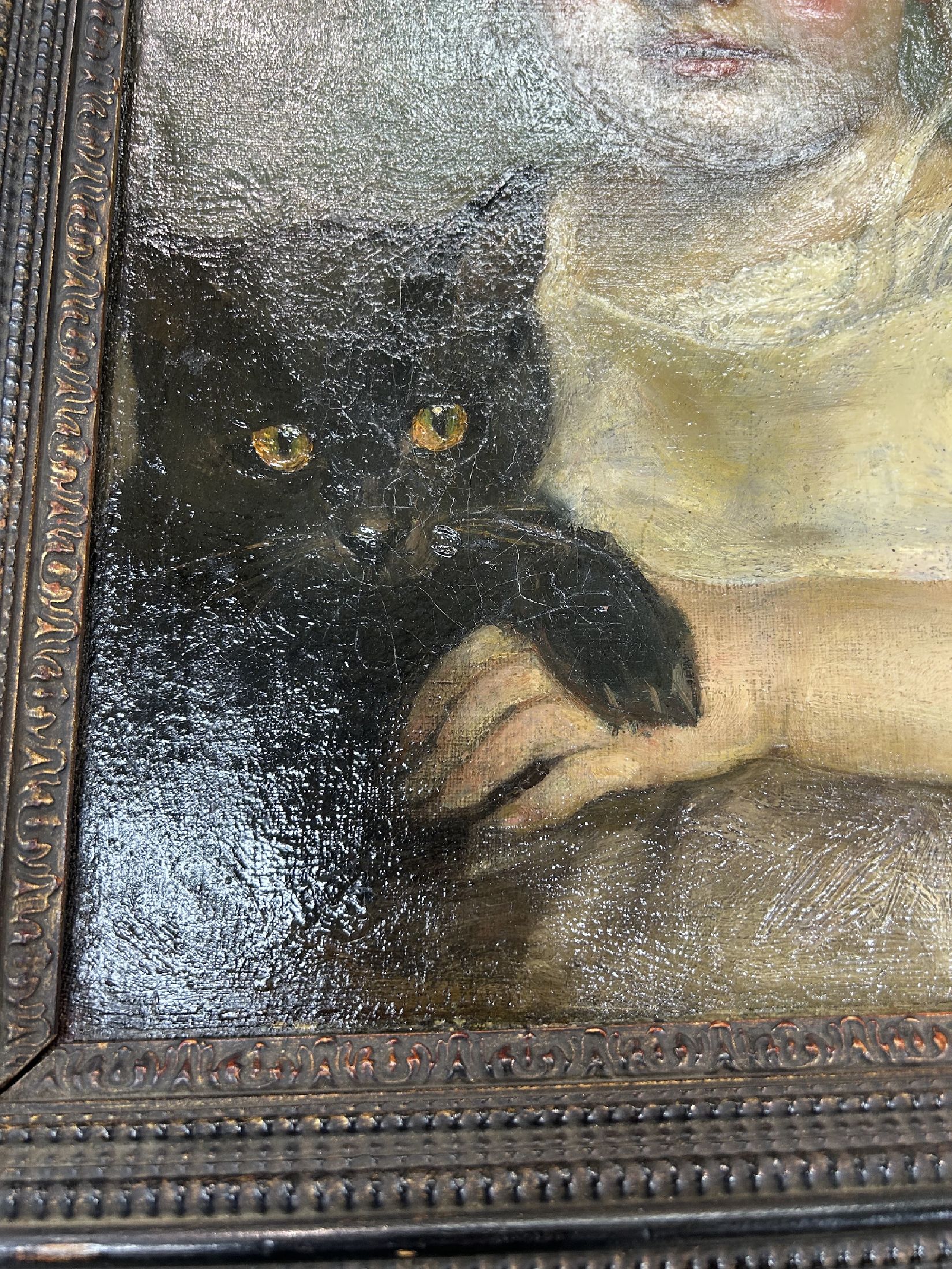 Detail c: Oskar Michaelis, 1872 Leipzig - 1946 München , Kinderporträt mit schwarzer Katze, Öl/Lwd , rechts unten signiert und datiert bez. München, ...