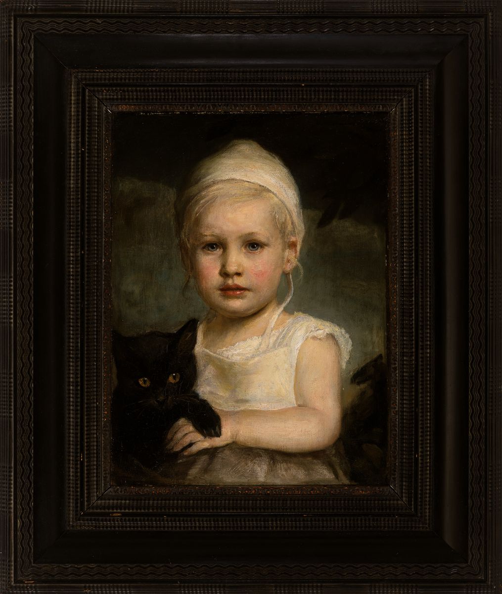 Detail k: Oskar Michaelis, 1872 Leipzig - 1946 München , Kinderporträt mit schwarzer Katze, Öl/Lwd , rechts unten signiert und datiert bez. München, ...