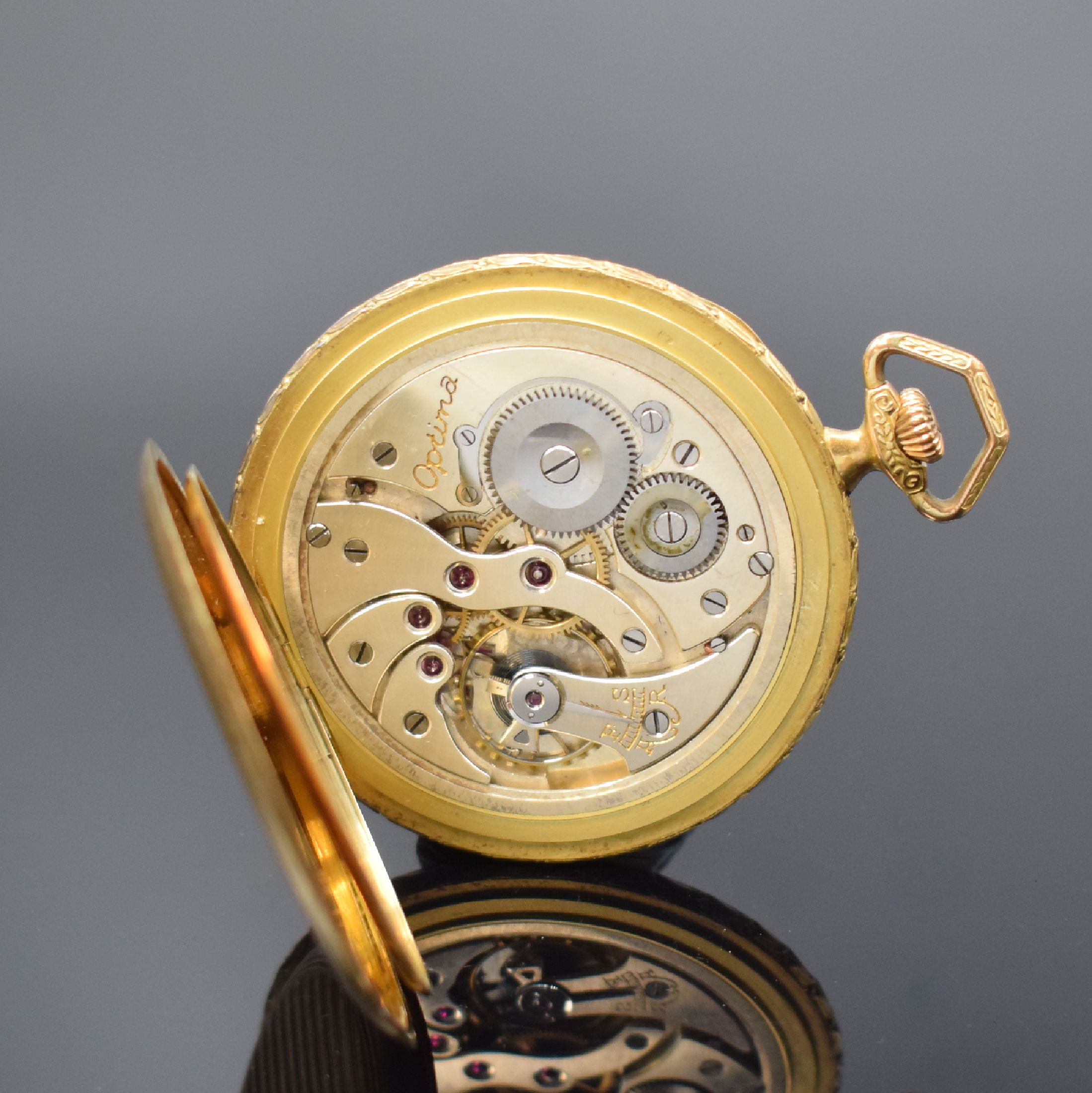 Detail e: OPTIMA offene Herrentaschenuhr in GG 585/000, Schweiz um 1930, streifenguill. Boden, glatte Goldcuv., gold. Zifferbl. m. aufgel. gold. Zahlen, im ...