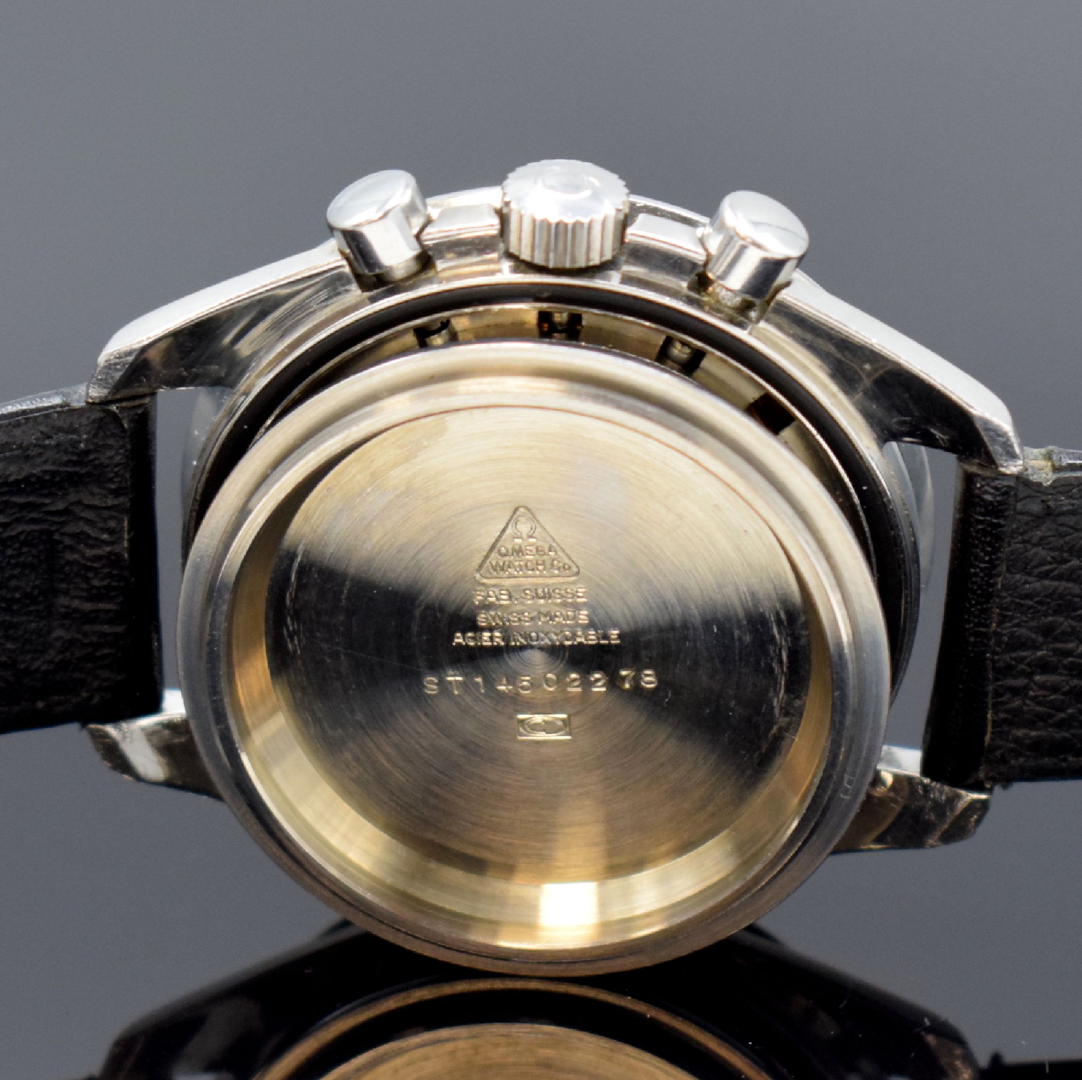 Detail g: OMEGA Speedmaster Professional Armbandchronograph in Stahl Referenz 145.022- 78, Schweiz um 1980, Handaufzug, verschr. Geh., Boden m. ...