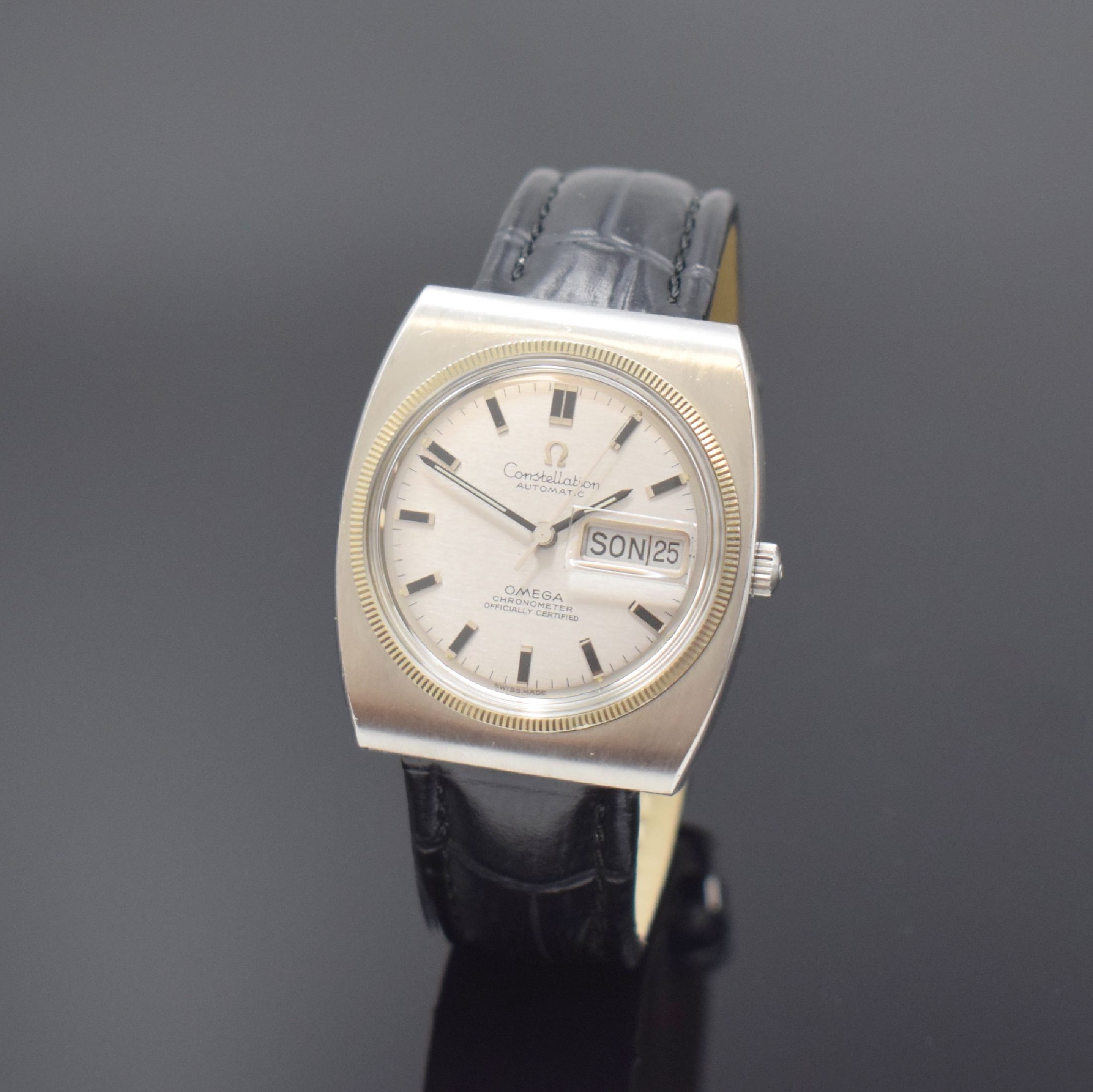 OMEGA Constellation Armbandchronometer in Stahl mit Weißgold-Lünette Referenz 168.041, Automatik, Schweiz um 1969, verschr. Boden m. Darst. ...
