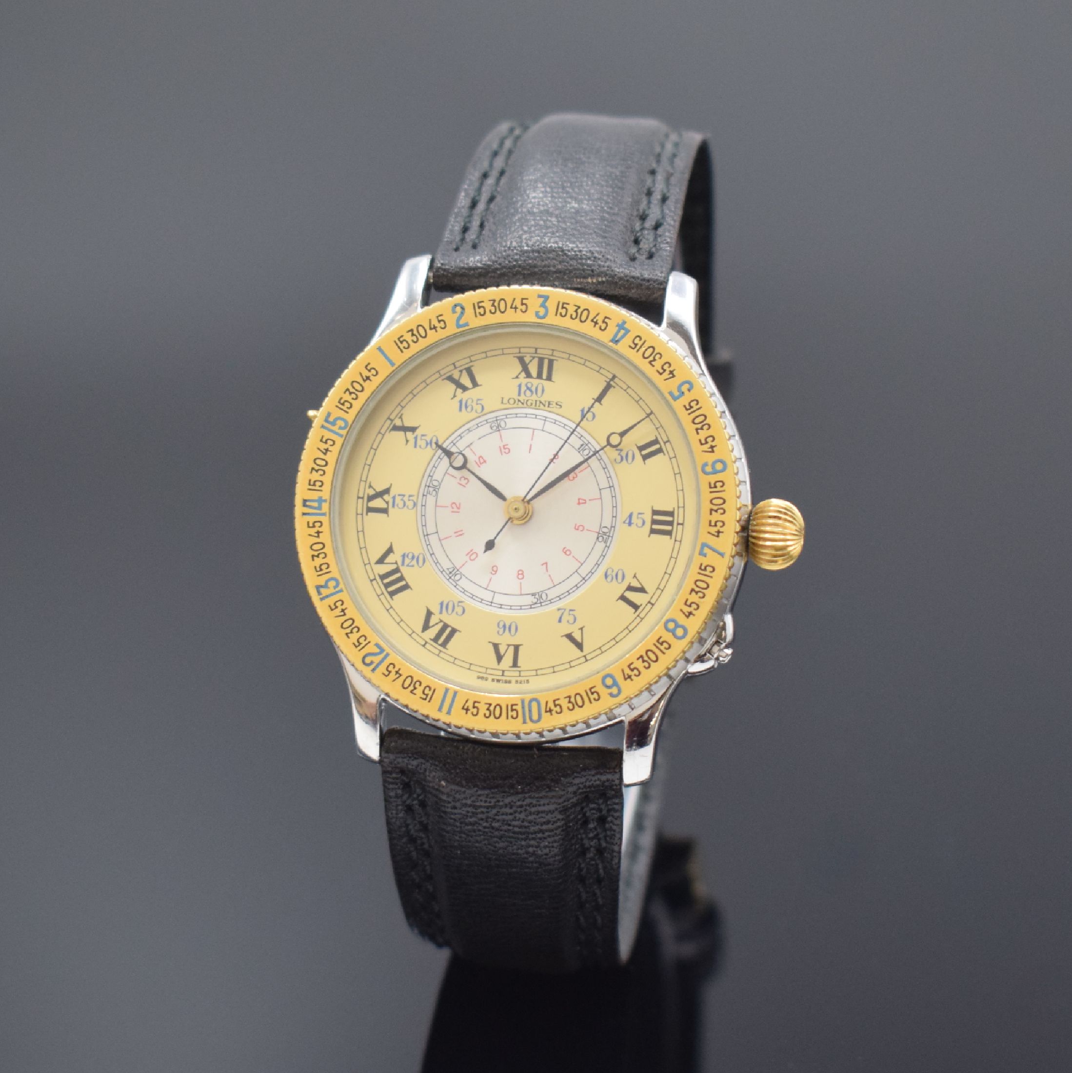 LONGINES Lindbergh Stundenwinkeluhr in Stahl und Gold Referenz 989.5215, Automatik, Schweiz um 1990, orig. Lederband m. orig. Dornschl., Geh. nach ...