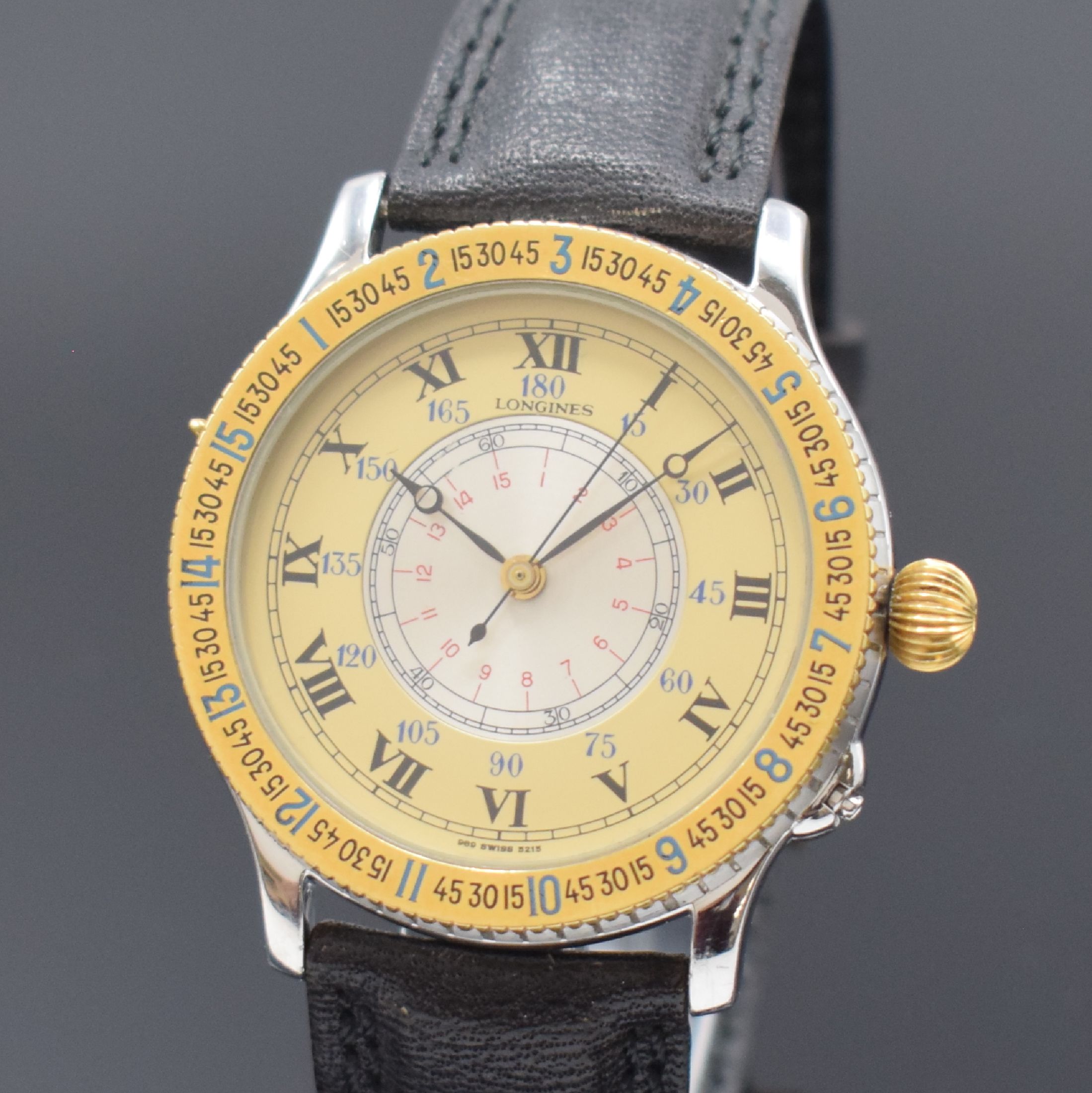 Detail a: LONGINES Lindbergh Stundenwinkeluhr in Stahl und Gold Referenz 989.5215, Automatik, Schweiz um 1990, orig. Lederband m. orig. Dornschl., Geh. nach ...