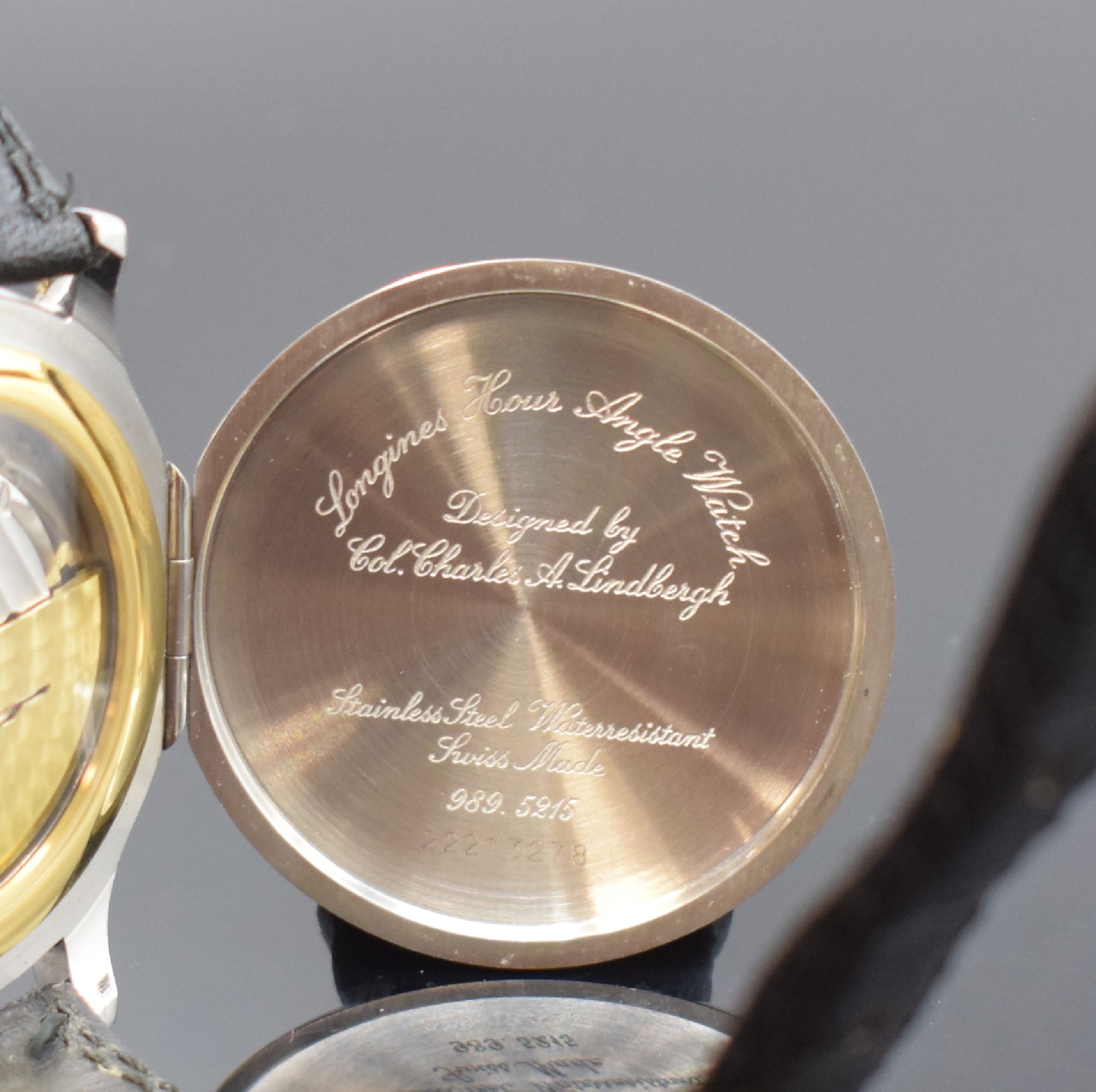 Detail d: LONGINES Lindbergh Stundenwinkeluhr in Stahl und Gold Referenz 989.5215, Automatik, Schweiz um 1990, orig. Lederband m. orig. Dornschl., Geh. nach ...