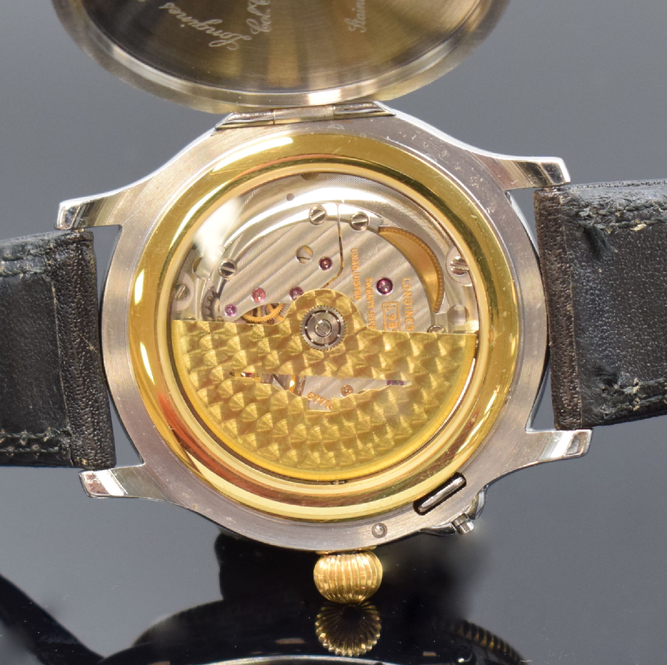 Detail f: LONGINES Lindbergh Stundenwinkeluhr in Stahl und Gold Referenz 989.5215, Automatik, Schweiz um 1990, orig. Lederband m. orig. Dornschl., Geh. nach ...
