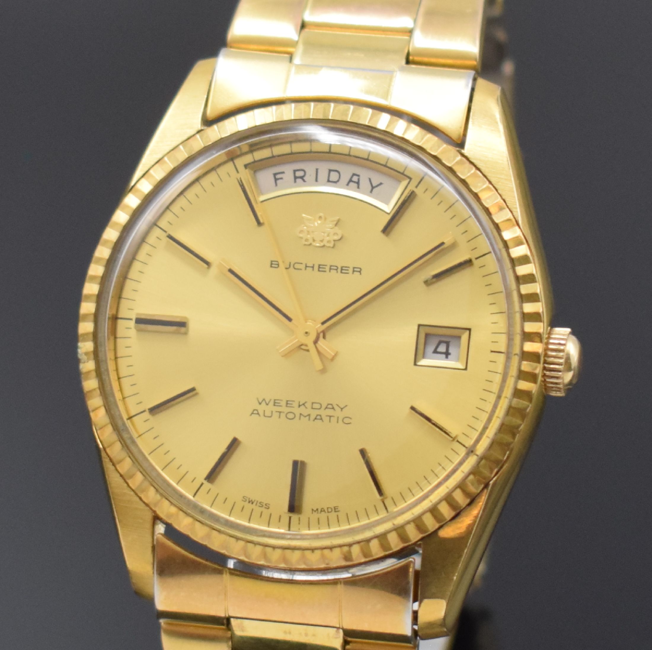 Detail a: BUCHERER Herrenarmbanduhr Weekday Referenz 30 139, Automatik, Schweiz um 1968, verg. Geh. inkl. Gliederband Faltschl., Edelstahlboden m. ...