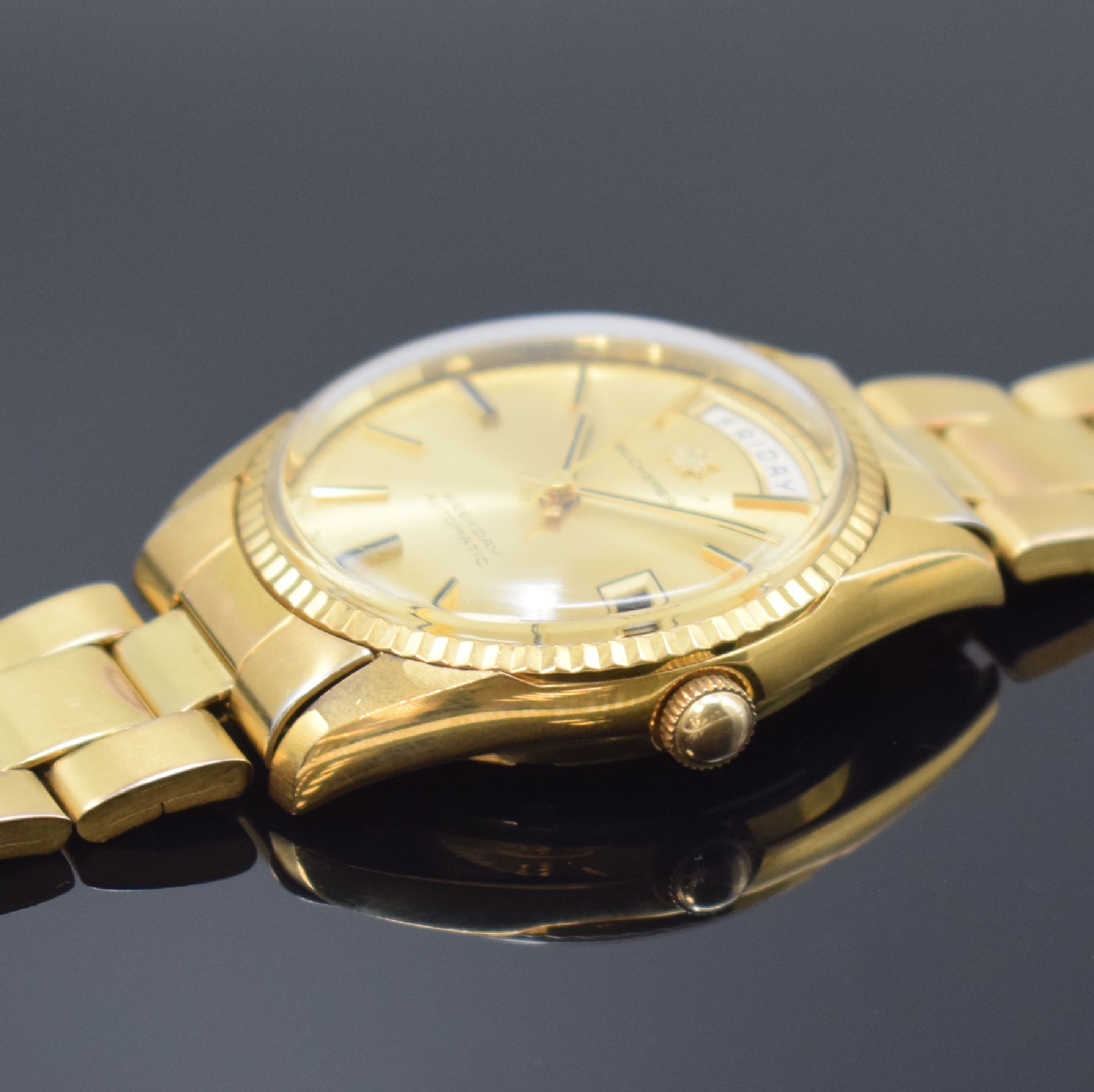 Detail b: BUCHERER Herrenarmbanduhr Weekday Referenz 30 139, Automatik, Schweiz um 1968, verg. Geh. inkl. Gliederband Faltschl., Edelstahlboden m. ...