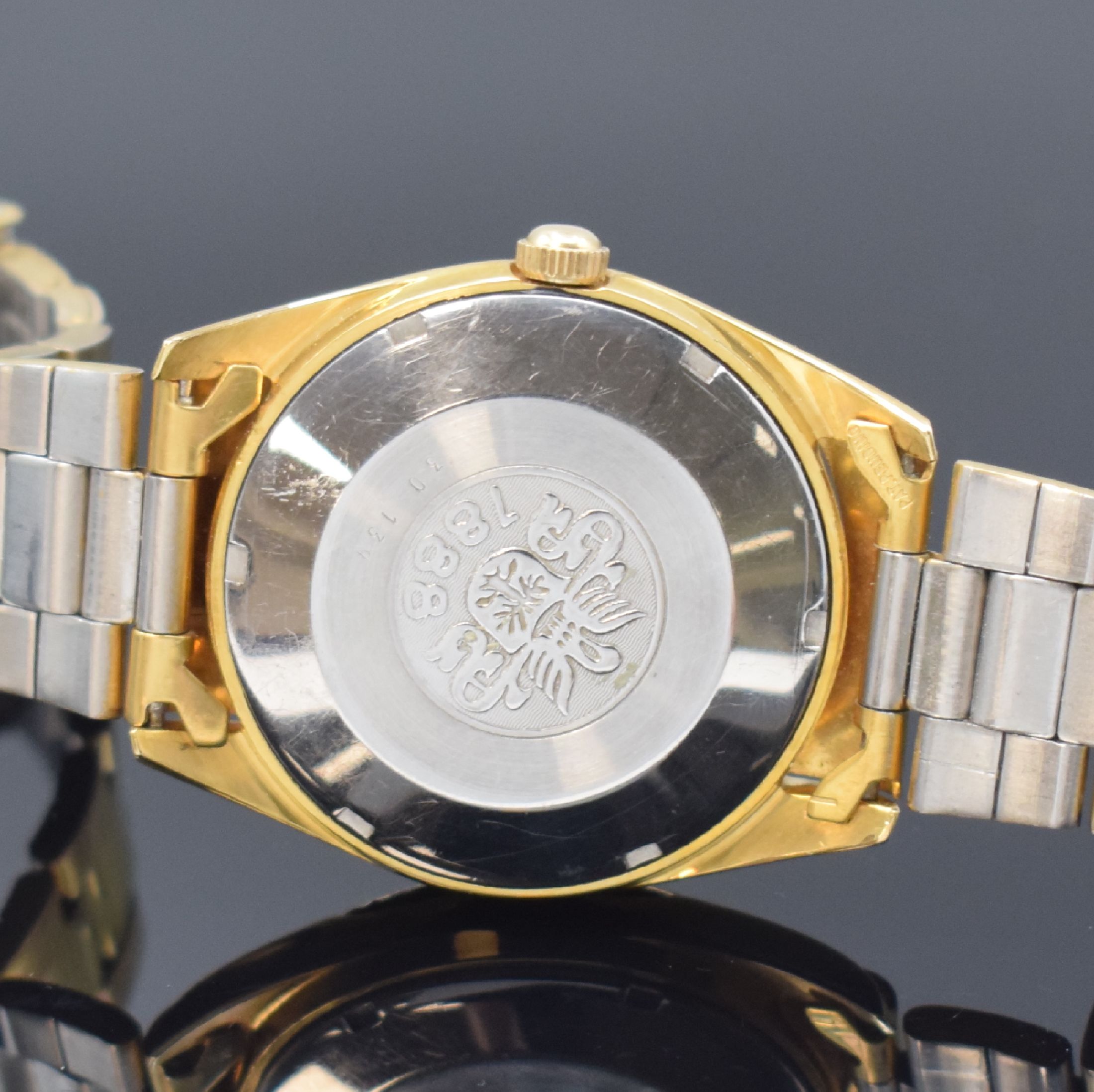 Detail c: BUCHERER Herrenarmbanduhr Weekday Referenz 30 139, Automatik, Schweiz um 1968, verg. Geh. inkl. Gliederband Faltschl., Edelstahlboden m. ...