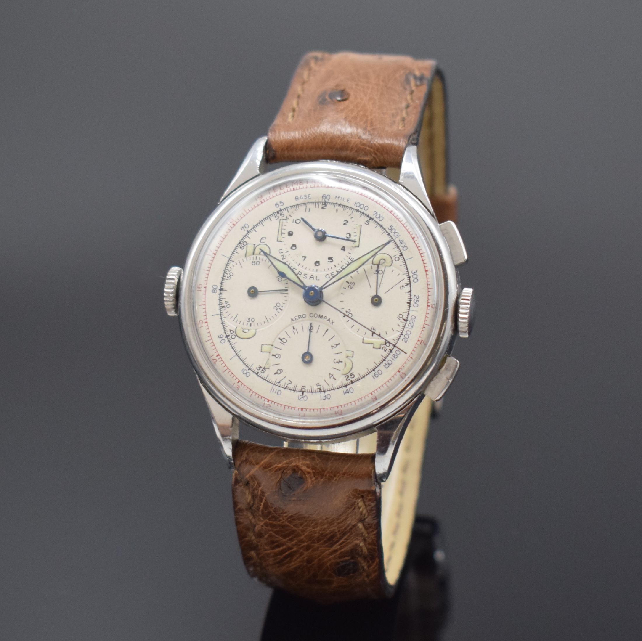UNIVERSAL GENEVE Aero-Compax Schaltradchronograph in Stahl Referenz 22538, Handaufzug, Schweiz um 1940, 3-teil. Geh., Boden und Glasrand aufgedr., ...