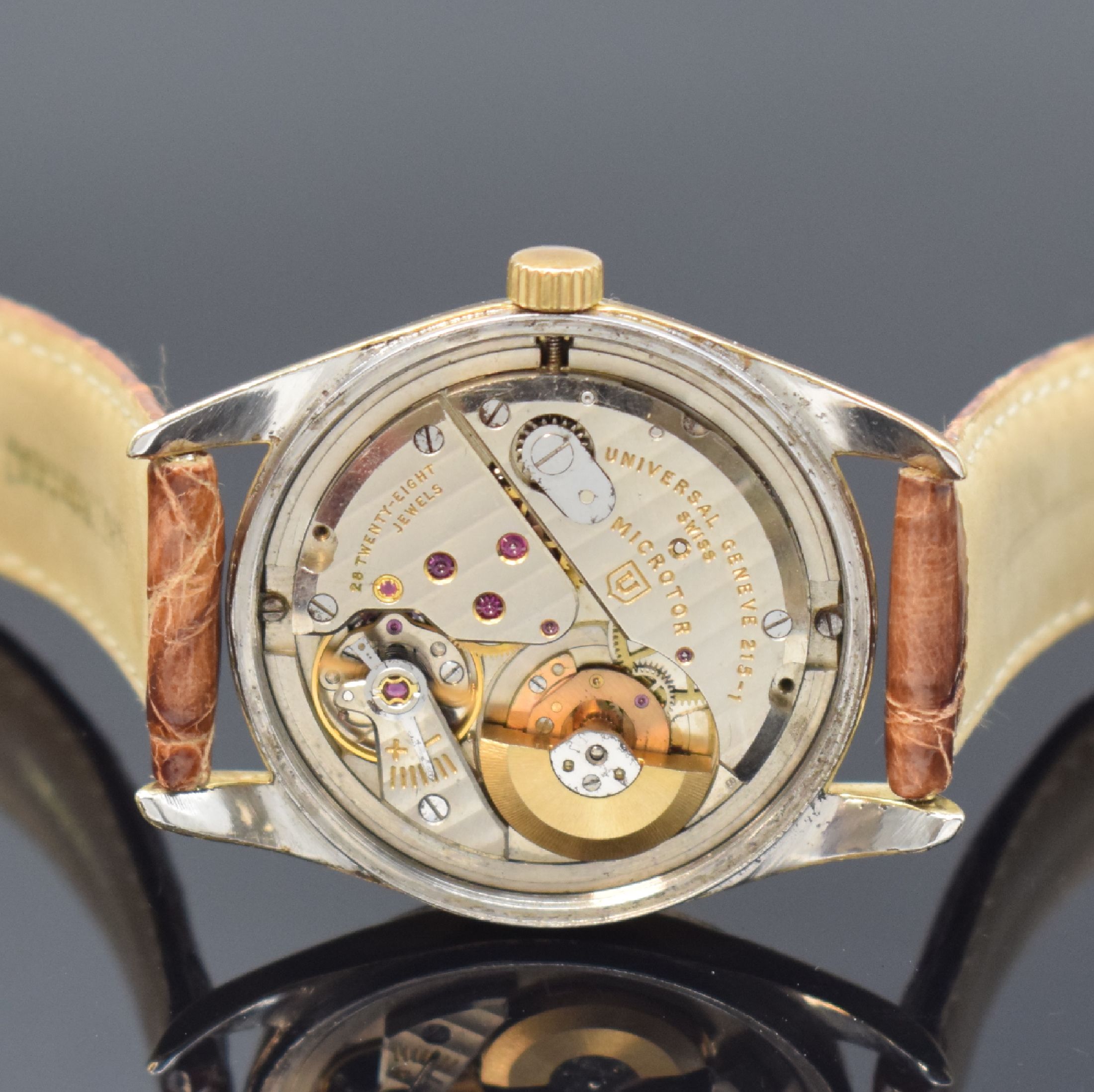 Detail d: UNIVERSAL GENEVE Polerouter Herrenarmbanduhr Kaliber 215.1 in Stahl mit Goldhaube, Automatik, Schweiz um 1968, verschr. Boden, Nr. nicht mehr lesbar, ...