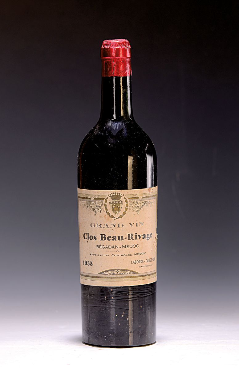1 Flasche 1955 Clos de Beau-Rivage, Begadan -Medoc, ca. 750ml, Lower Mid Shoulder, Etikettl. lädiert