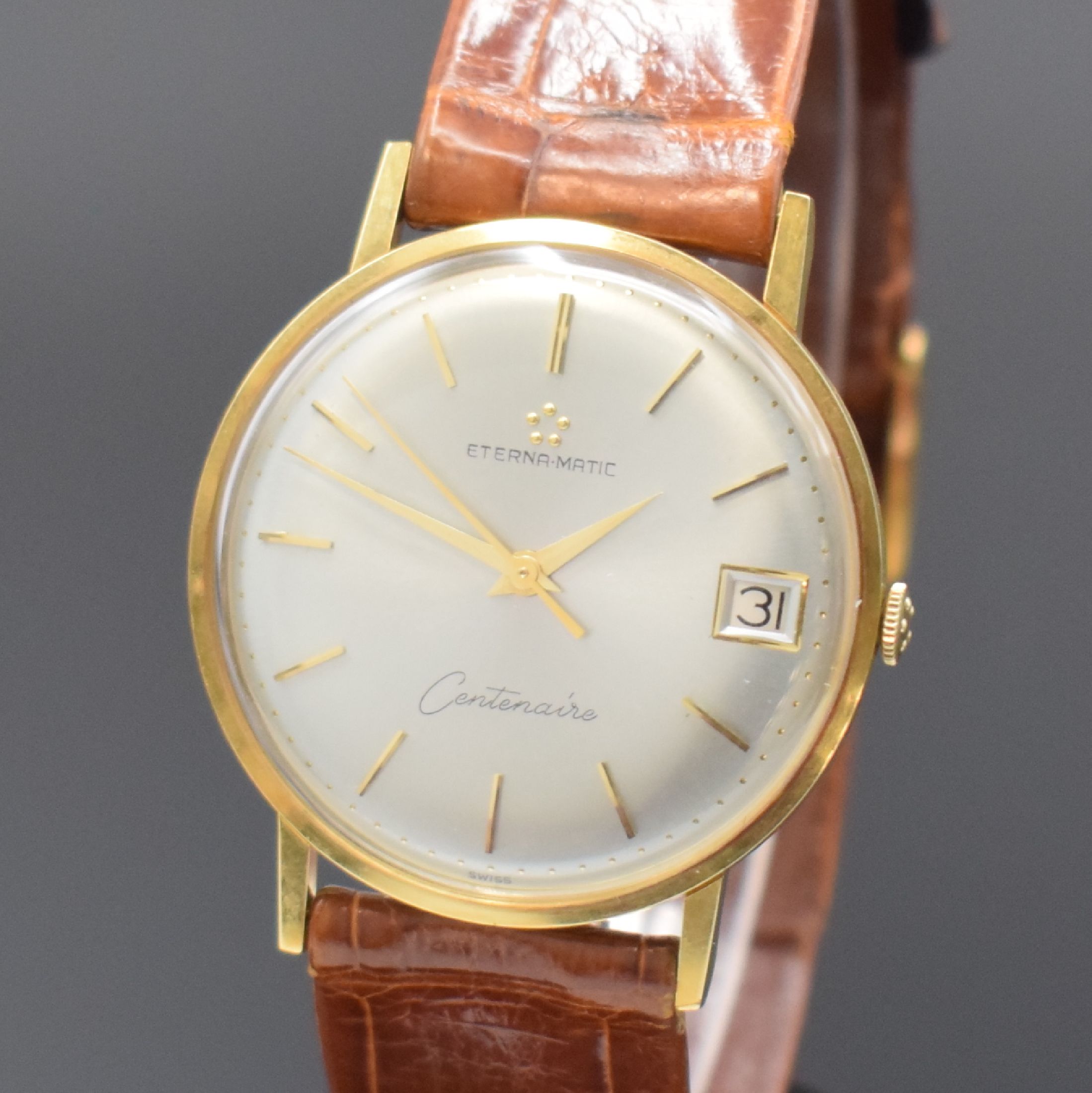 Detail a: ETERNA Centenaire Herrenarmbanduhr in GG 750/000, Automatik, Schweiz um 1965, 3-teil. Geh. inkl. orig. Lederband m. verg. orig. Dornschl., orig. Glas ...