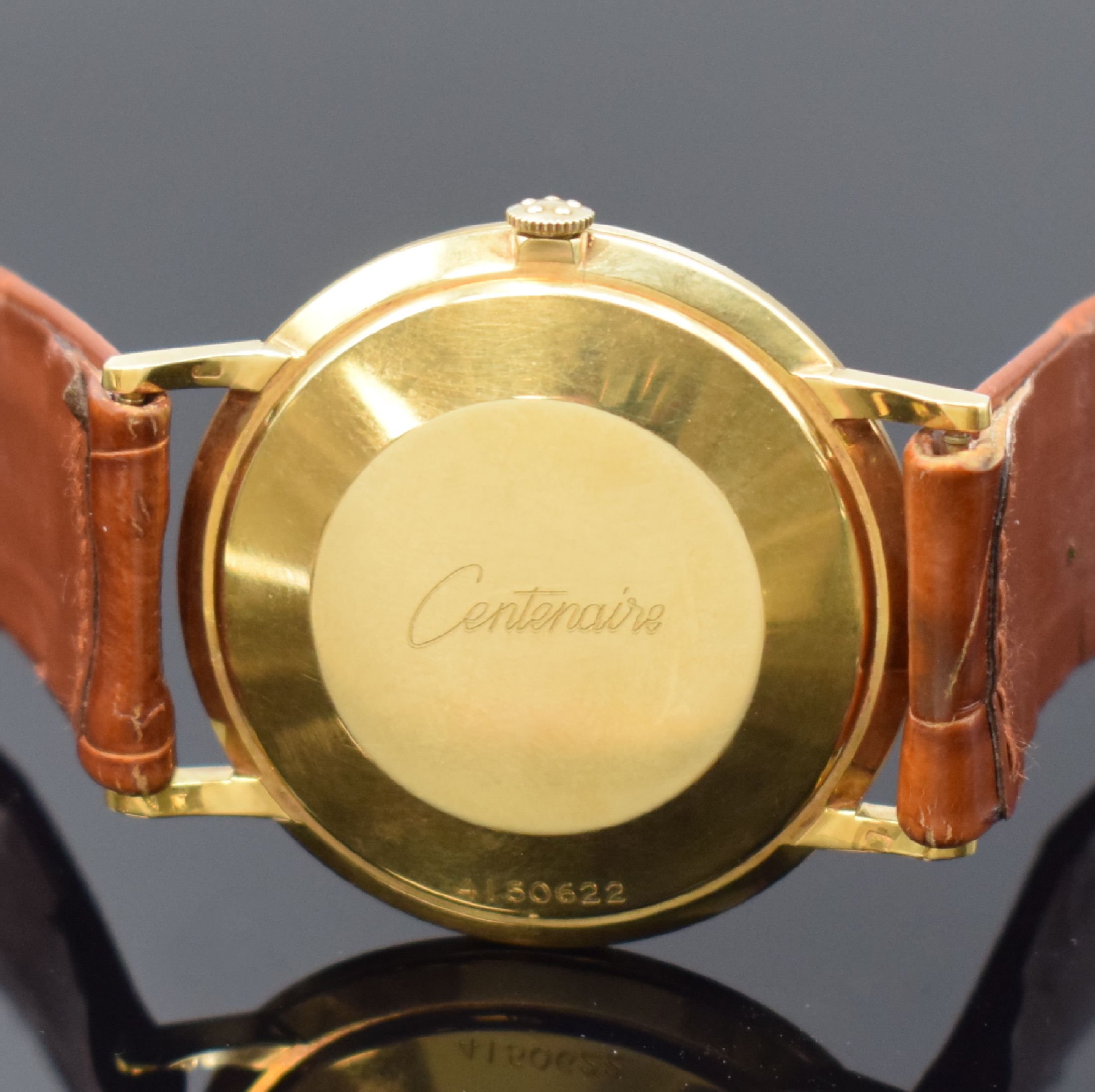 Detail d: ETERNA Centenaire Herrenarmbanduhr in GG 750/000, Automatik, Schweiz um 1965, 3-teil. Geh. inkl. orig. Lederband m. verg. orig. Dornschl., orig. Glas ...