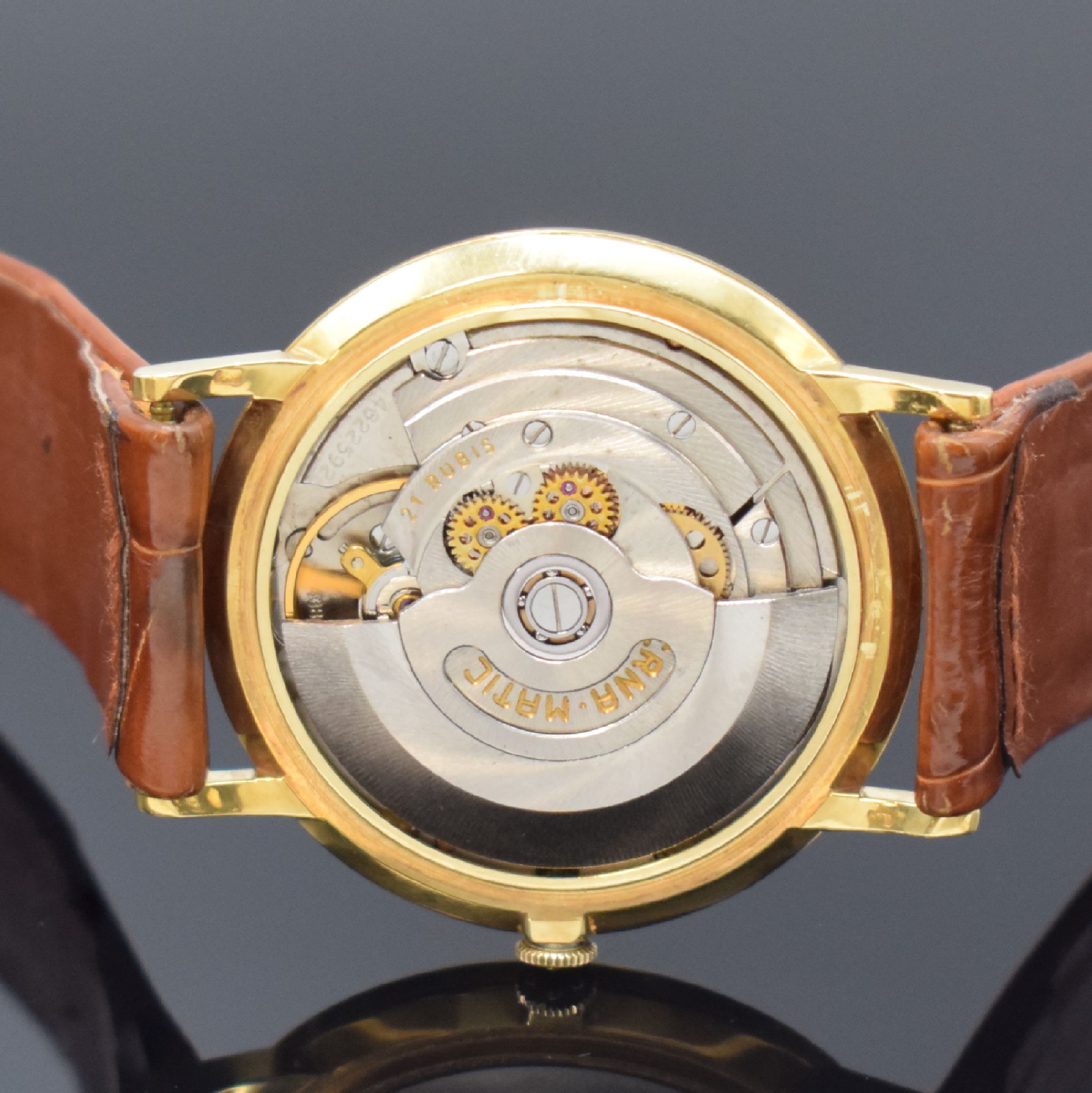 Detail f: ETERNA Centenaire Herrenarmbanduhr in GG 750/000, Automatik, Schweiz um 1965, 3-teil. Geh. inkl. orig. Lederband m. verg. orig. Dornschl., orig. Glas ...