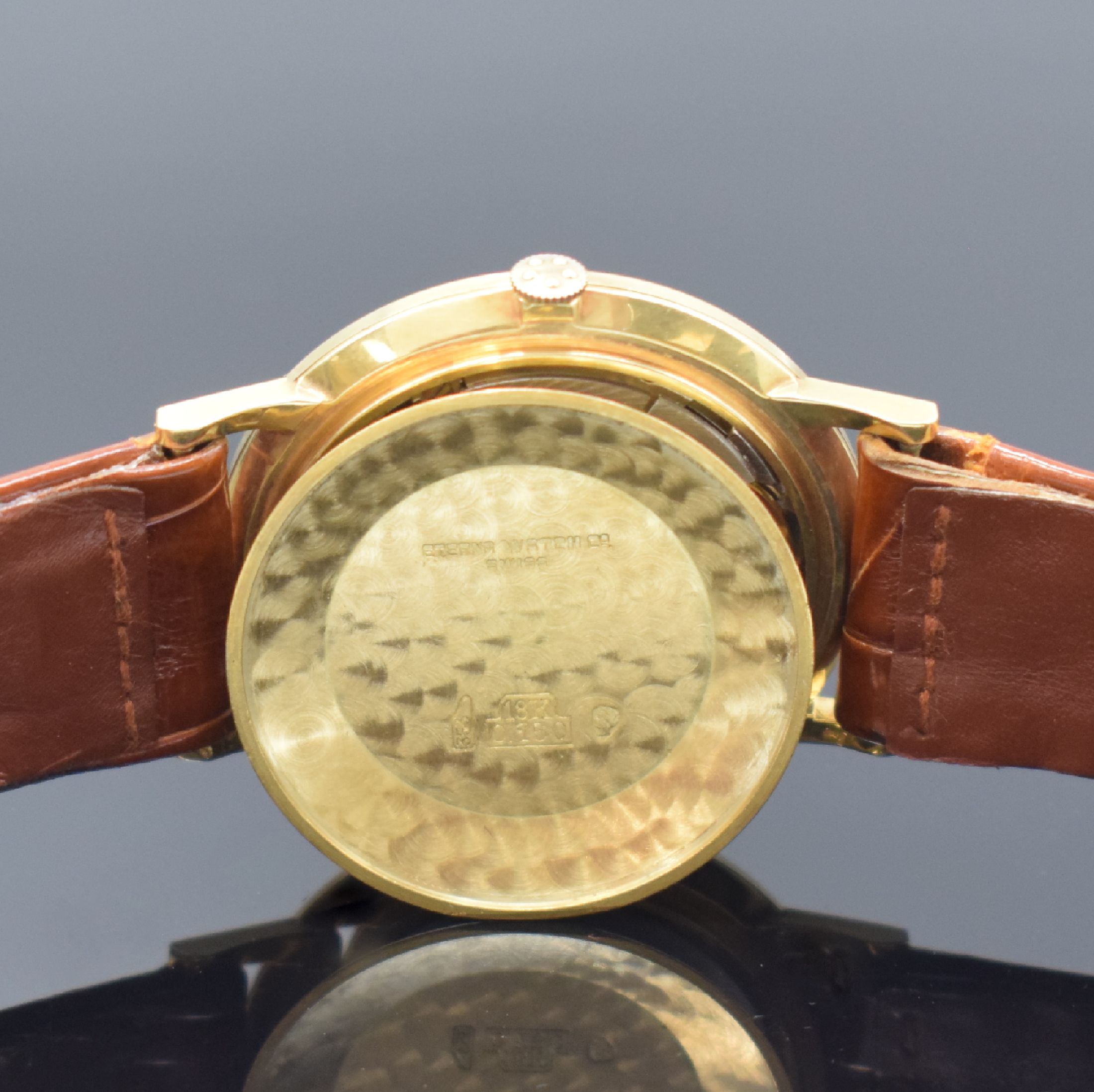 Detail g: ETERNA Centenaire Herrenarmbanduhr in GG 750/000, Automatik, Schweiz um 1965, 3-teil. Geh. inkl. orig. Lederband m. verg. orig. Dornschl., orig. Glas ...
