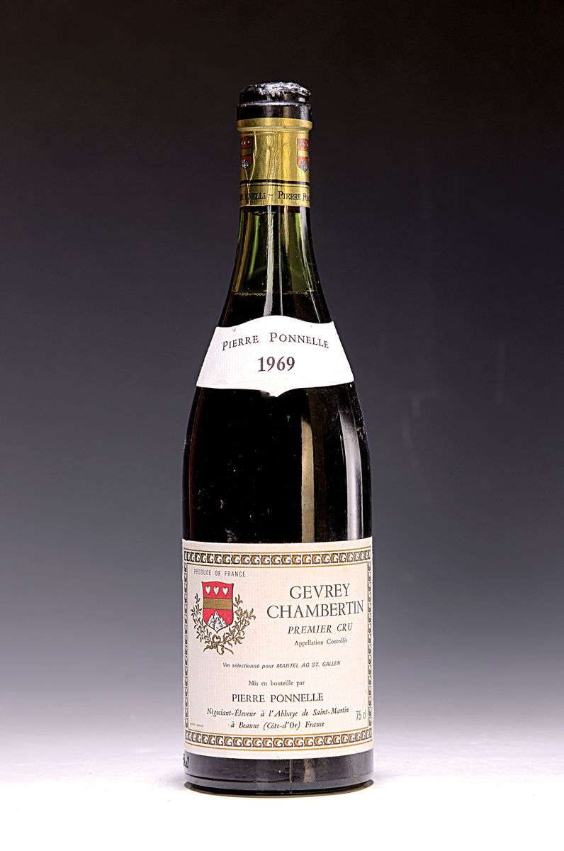 1 Flasche 1969 Pierre Ponnelle Gevrey- Chambertin, Cote D'Or, ca. 750ml, Kapsl l. lädiert, Füllhöhe 3,4 cm unter Korken