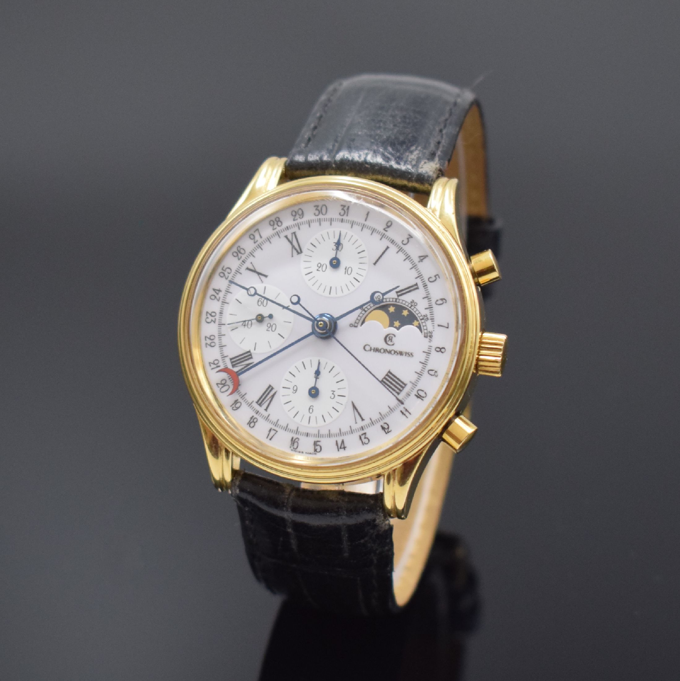 CHRONOSWISS vergoldeter Armbandchronograph mit Mondphase Referenz 77990, Automatik, Schweiz um 1995, verschr. Edelstahlboden, emailfarb. Zifferbl. m. ...