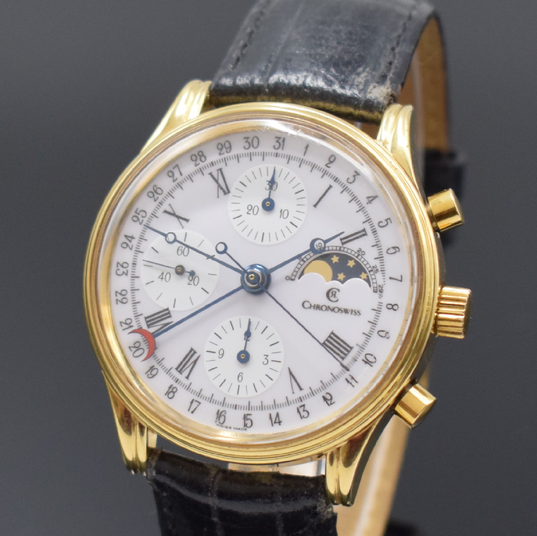 Detail a: CHRONOSWISS vergoldeter Armbandchronograph mit Mondphase Referenz 77990, Automatik, Schweiz um 1995, verschr. Edelstahlboden, emailfarb. Zifferbl. m. ...