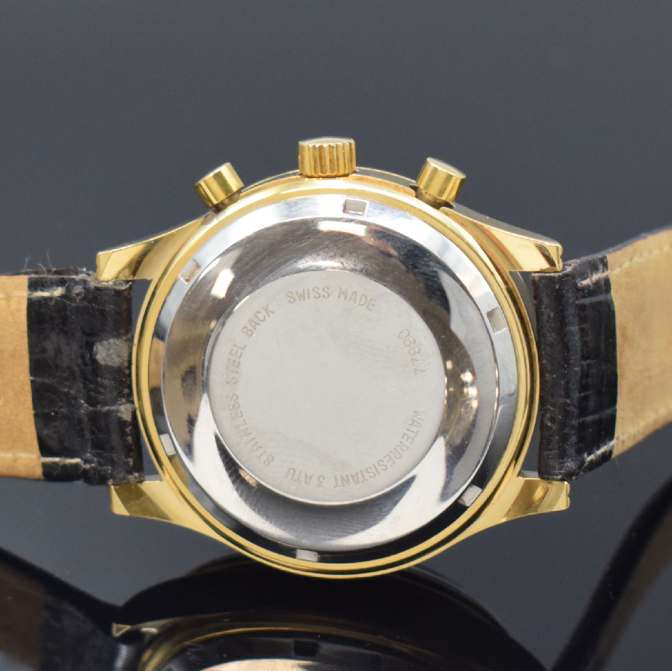Detail c: CHRONOSWISS vergoldeter Armbandchronograph mit Mondphase Referenz 77990, Automatik, Schweiz um 1995, verschr. Edelstahlboden, emailfarb. Zifferbl. m. ...