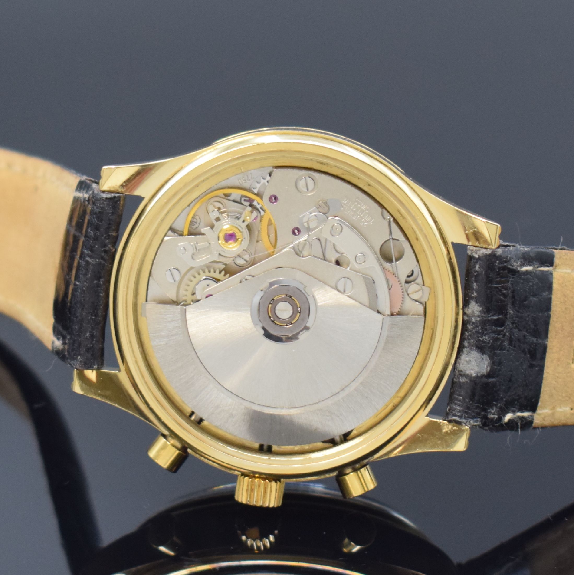 Detail e: CHRONOSWISS vergoldeter Armbandchronograph mit Mondphase Referenz 77990, Automatik, Schweiz um 1995, verschr. Edelstahlboden, emailfarb. Zifferbl. m. ...