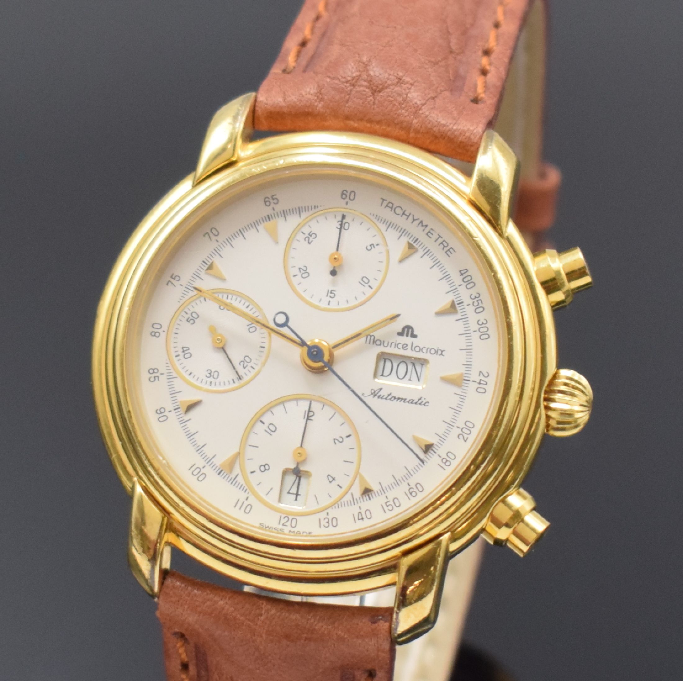 Detail a: MAURICE LACROIX vergoldeter Armbandchronograph Referenz 39353, Automatik, Schweiz um 2000, Edelstahlboden aufgedr., orig. Lederband m. orig. ...