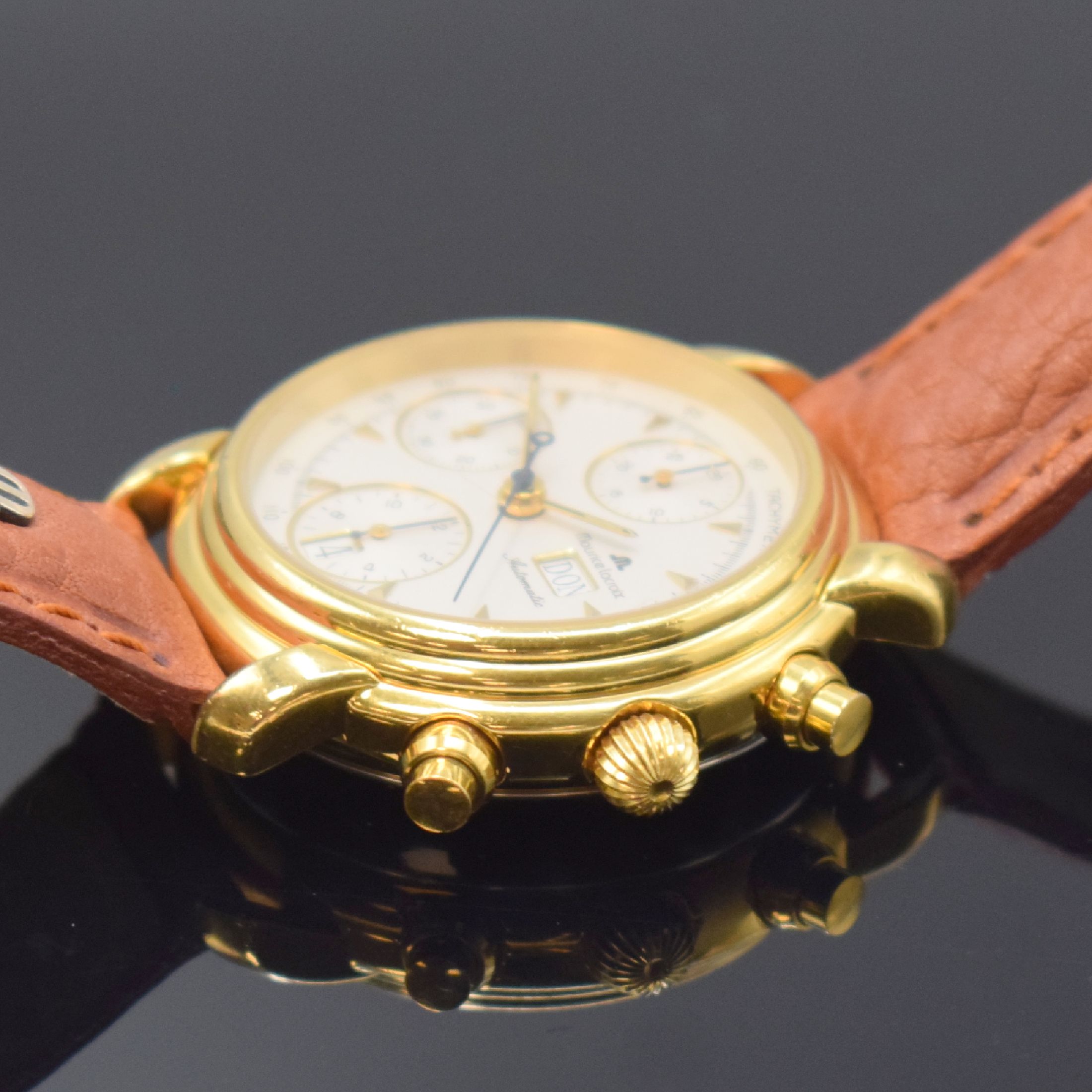 Detail b: MAURICE LACROIX vergoldeter Armbandchronograph Referenz 39353, Automatik, Schweiz um 2000, Edelstahlboden aufgedr., orig. Lederband m. orig. ...