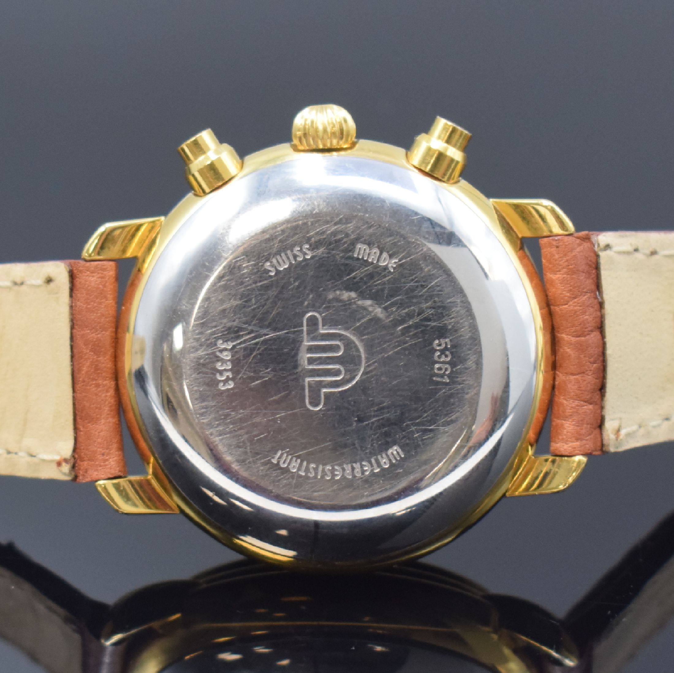 Detail c: MAURICE LACROIX vergoldeter Armbandchronograph Referenz 39353, Automatik, Schweiz um 2000, Edelstahlboden aufgedr., orig. Lederband m. orig. ...