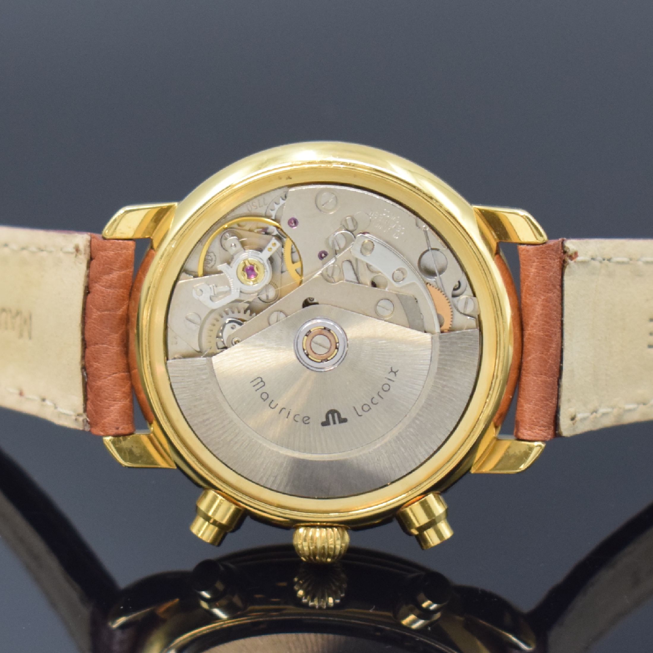Detail e: MAURICE LACROIX vergoldeter Armbandchronograph Referenz 39353, Automatik, Schweiz um 2000, Edelstahlboden aufgedr., orig. Lederband m. orig. ...