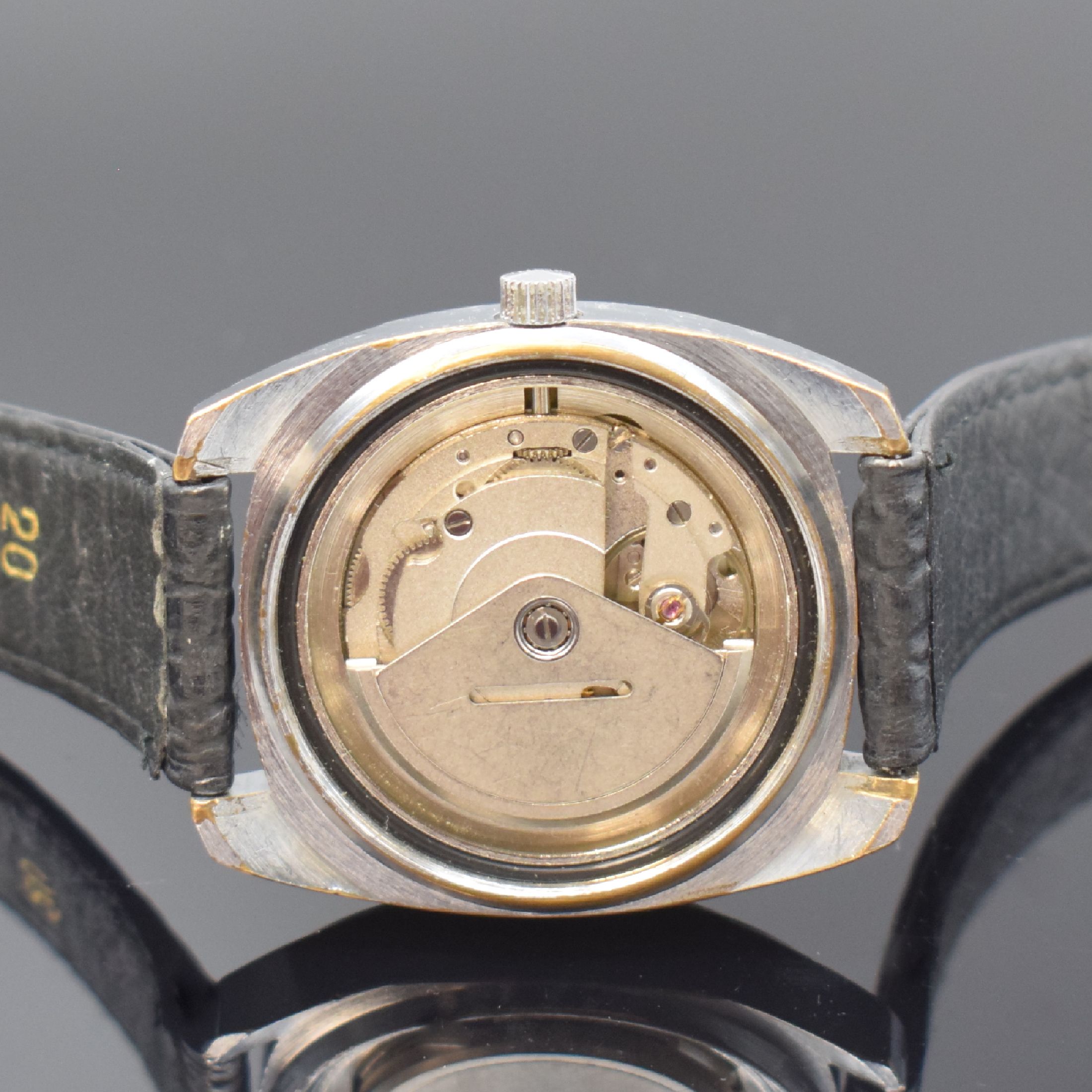 Detail c: GUB / Meisteranker verchromte Armbanduhr mit Drehlünette Kaliber GUB 11-27, Automatik, DDR um 1978, Geh. ber., Edelstahlboden verschr., Lün. m. ...