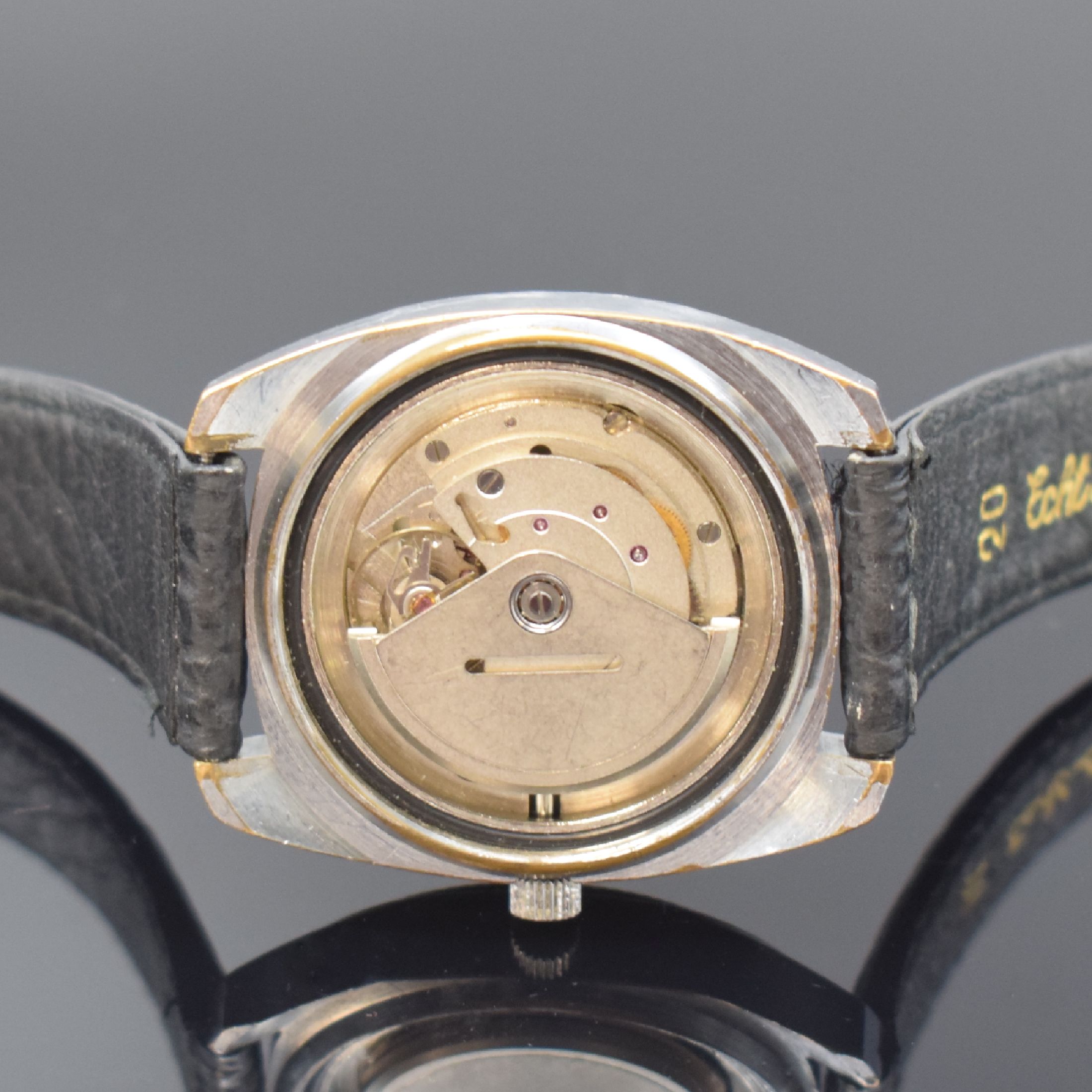 Detail d: GUB / Meisteranker verchromte Armbanduhr mit Drehlünette Kaliber GUB 11-27, Automatik, DDR um 1978, Geh. ber., Edelstahlboden verschr., Lün. m. ...