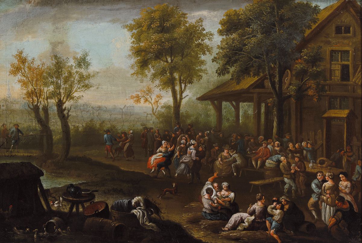 Unbekannter Künstler, Niederlande, um 1750-60, vielfiguriges fröhliches Treiben vor einem Gasthaus, Öl/Lwd, rest., doubl., ca. 40x60cm, R. ca. ...
