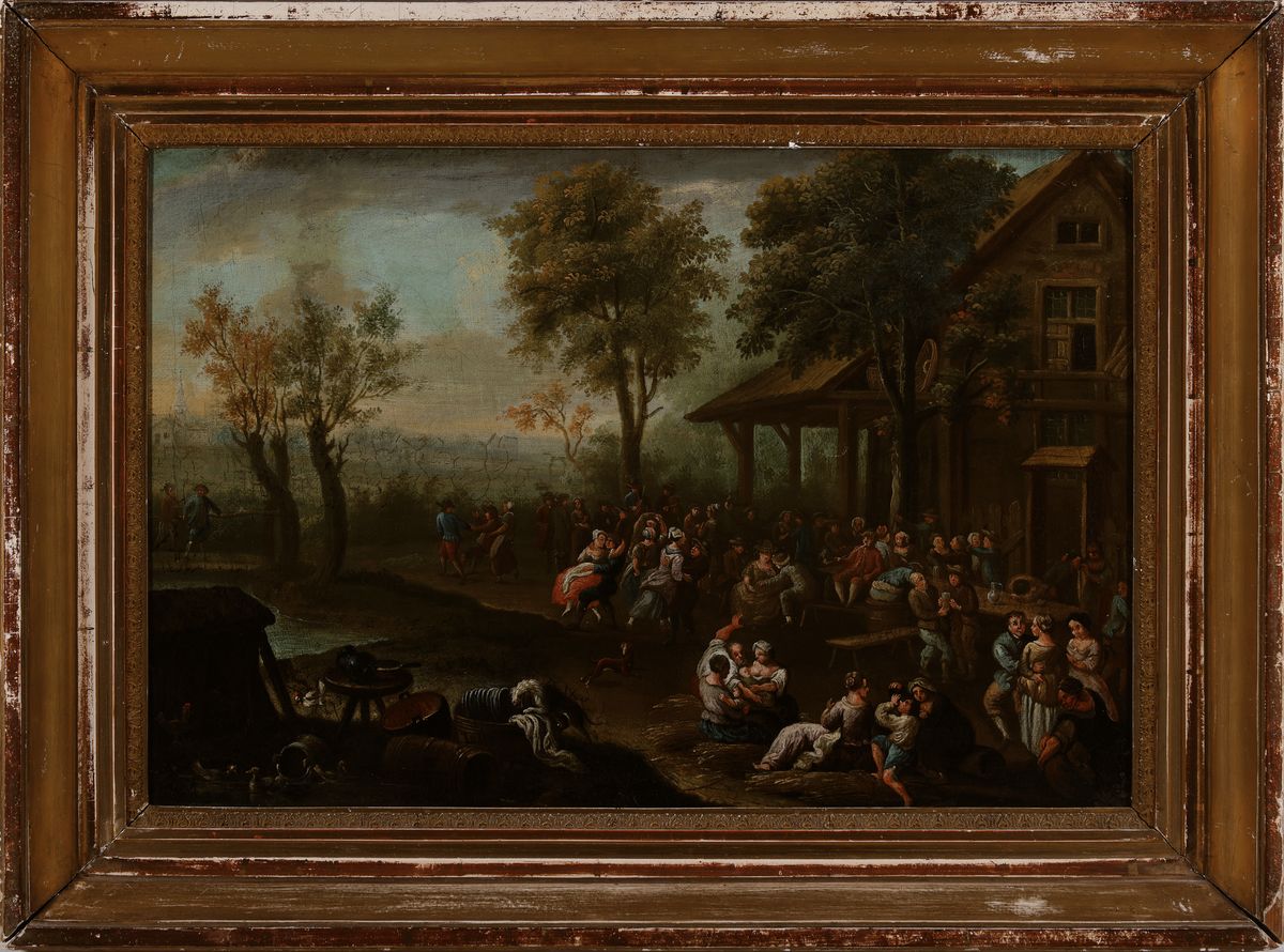 Detail k: Unbekannter Künstler, Niederlande, um 1750-60, vielfiguriges fröhliches Treiben vor einem Gasthaus, Öl/Lwd, rest., doubl., ca. 40x60cm, R. ca. ...