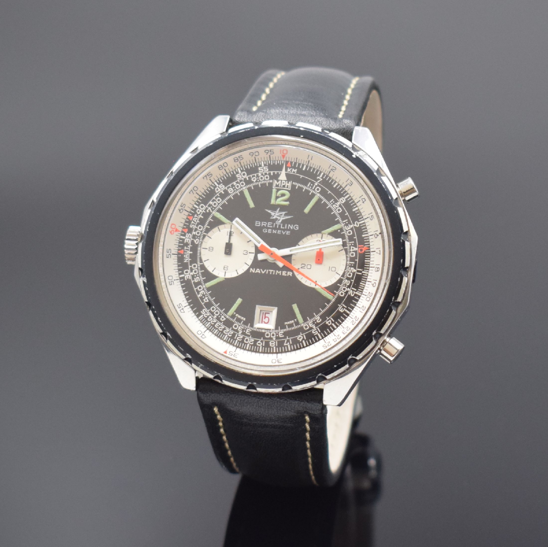 BREITLING Navitimer Armbandchronograph Referenz 1806 in Stahl, Automatik, Schweiz um 1972, verschr. Boden (stark poliert) orig. Krone und Drücker, ...