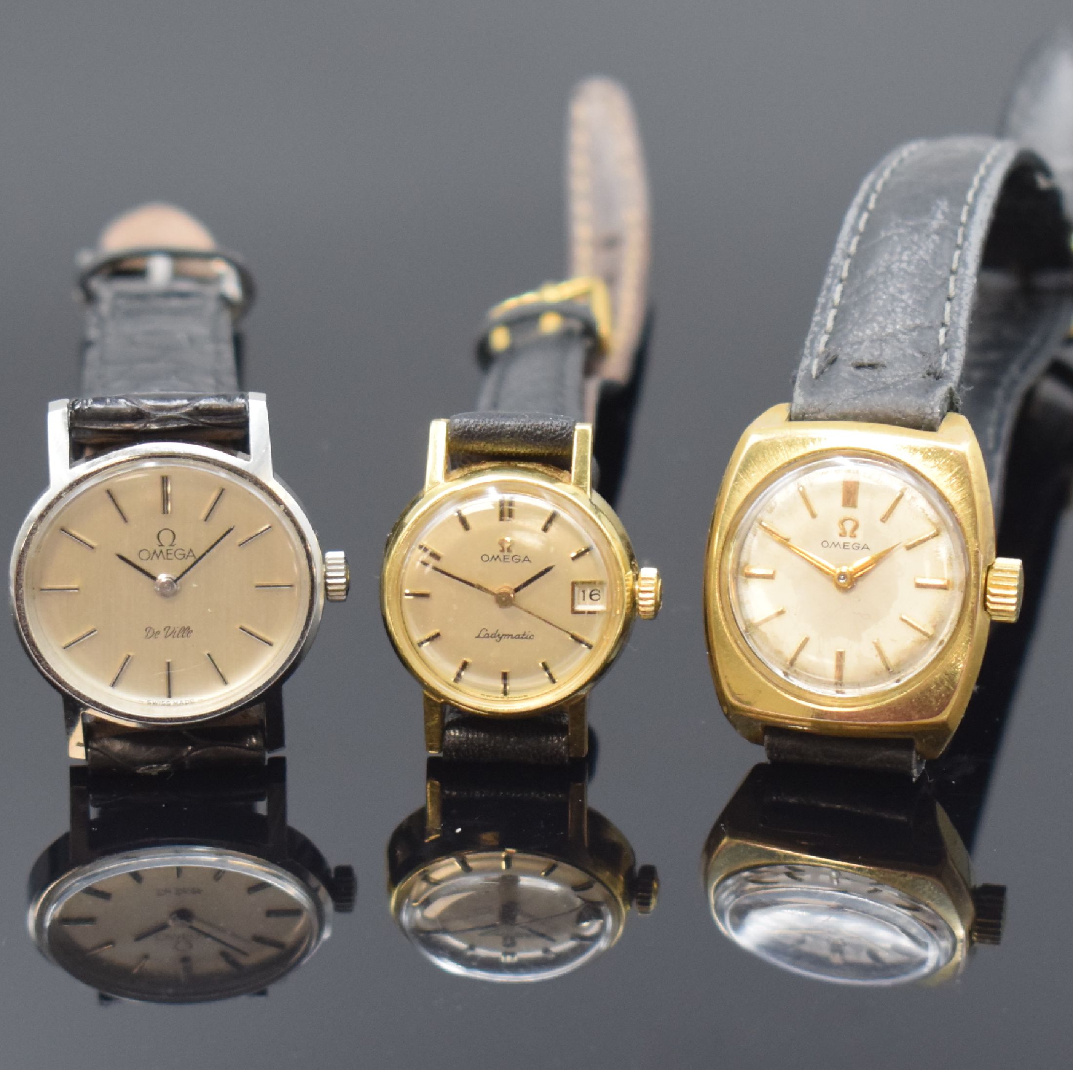 Detail a: OMEGA Ladymatic Damenarmbanduhr in GG 750/000 und 2 weitere, Schweiz um 1970, 1. Omega, Automatik, Boden aufgedr., silb. Zifferbl. m. aufges. ...