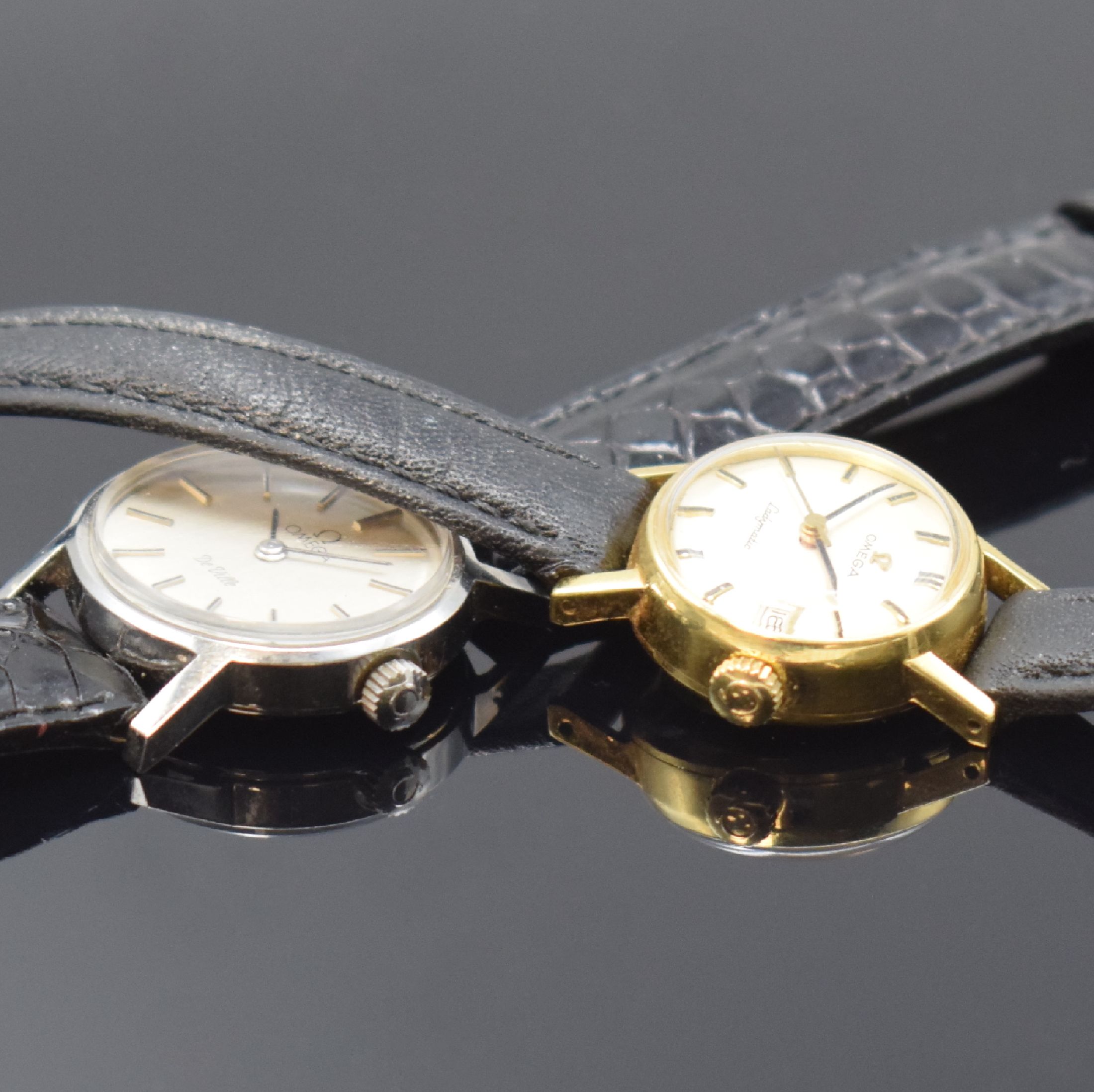 Detail b: OMEGA Ladymatic Damenarmbanduhr in GG 750/000 und 2 weitere, Schweiz um 1970, 1. Omega, Automatik, Boden aufgedr., silb. Zifferbl. m. aufges. ...