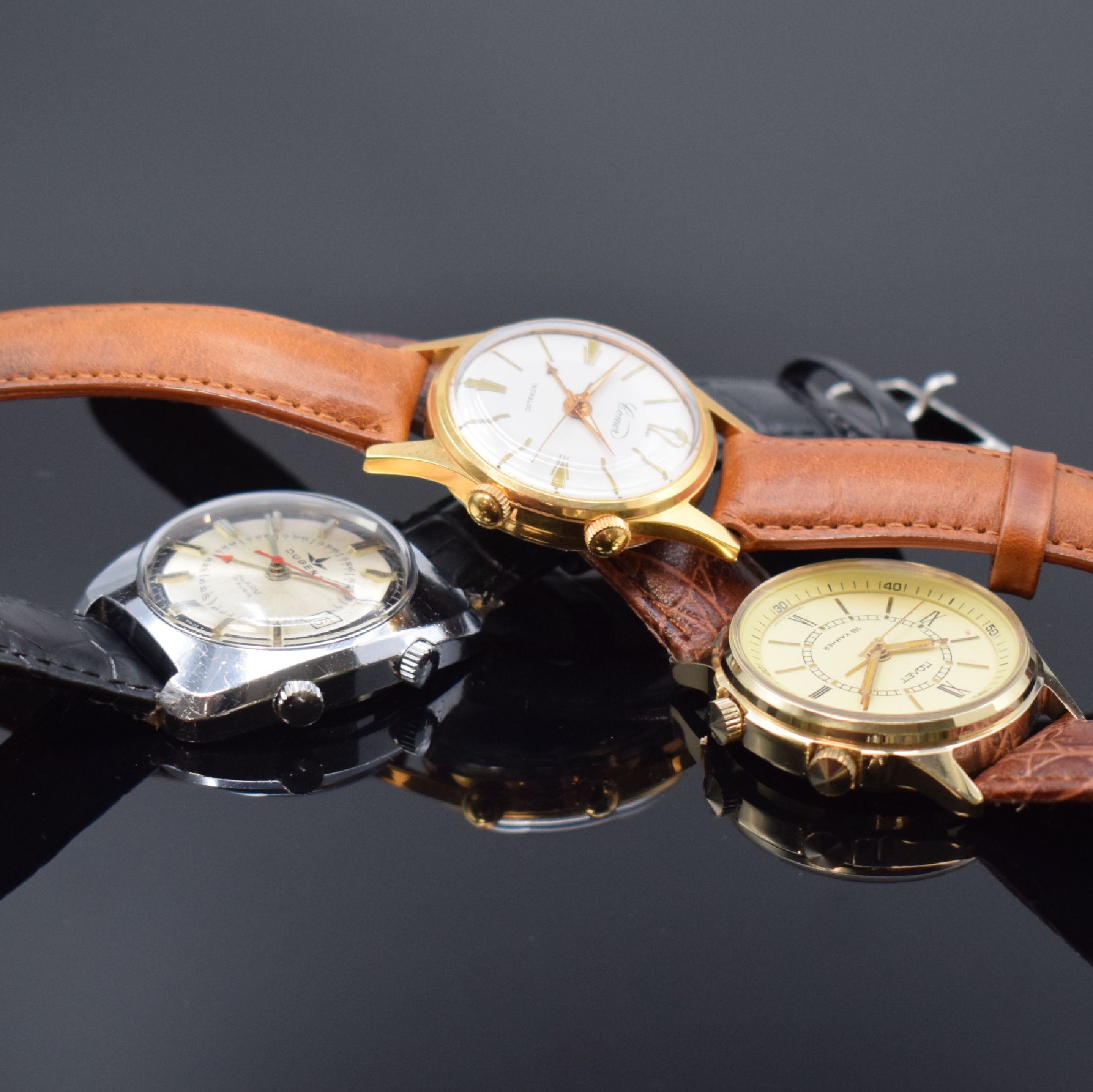 Detail a: 3 Armbandwecker: COMOR, DUGENA und POLJOT, vergoldet oder verchromt, alle Handaufzug, Schweiz/UDSSR um 1960 bis 1990, Comor: rotverg. AS Kal. 1475, ...