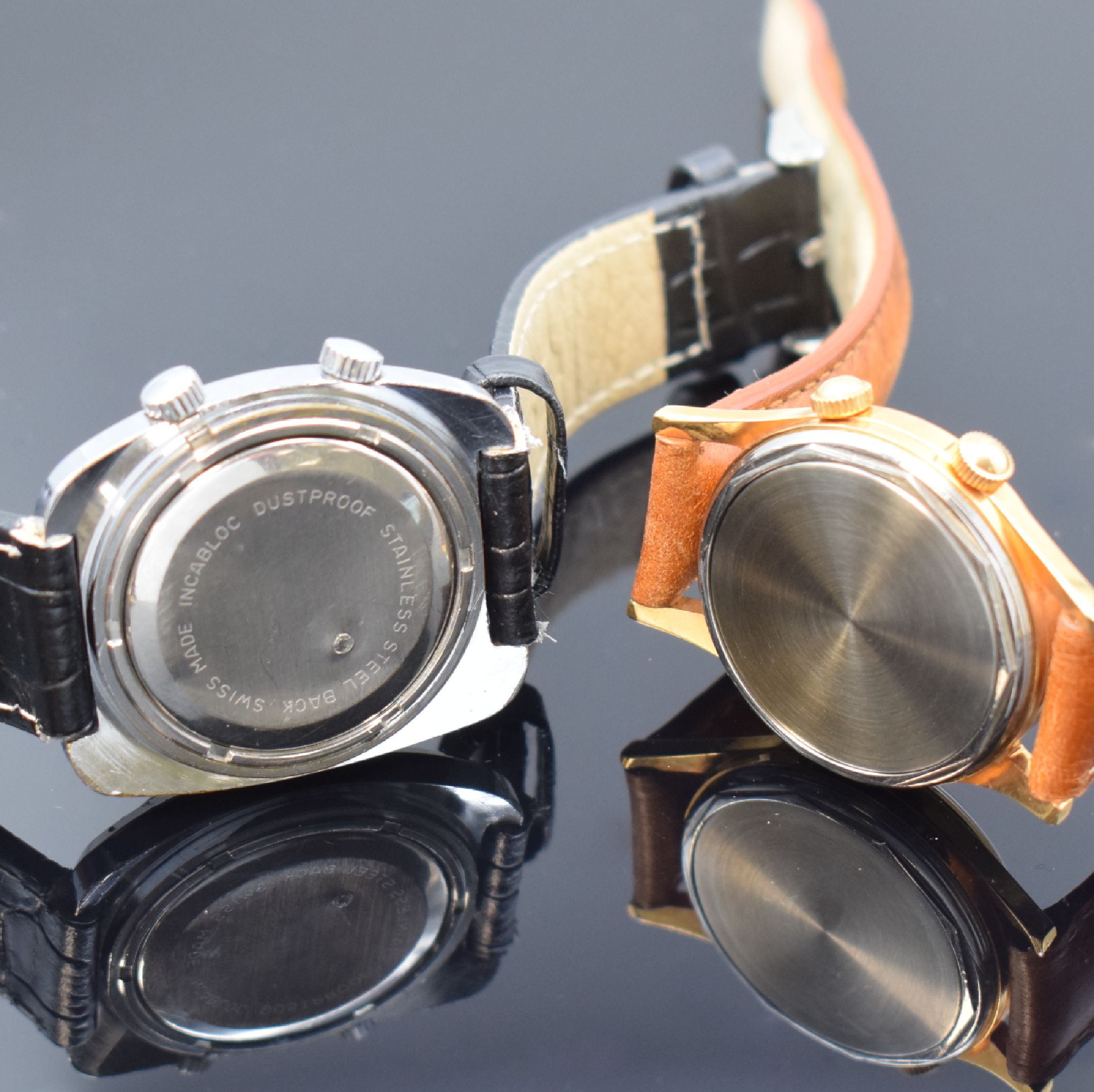 Detail b: 3 Armbandwecker: COMOR, DUGENA und POLJOT, vergoldet oder verchromt, alle Handaufzug, Schweiz/UDSSR um 1960 bis 1990, Comor: rotverg. AS Kal. 1475, ...
