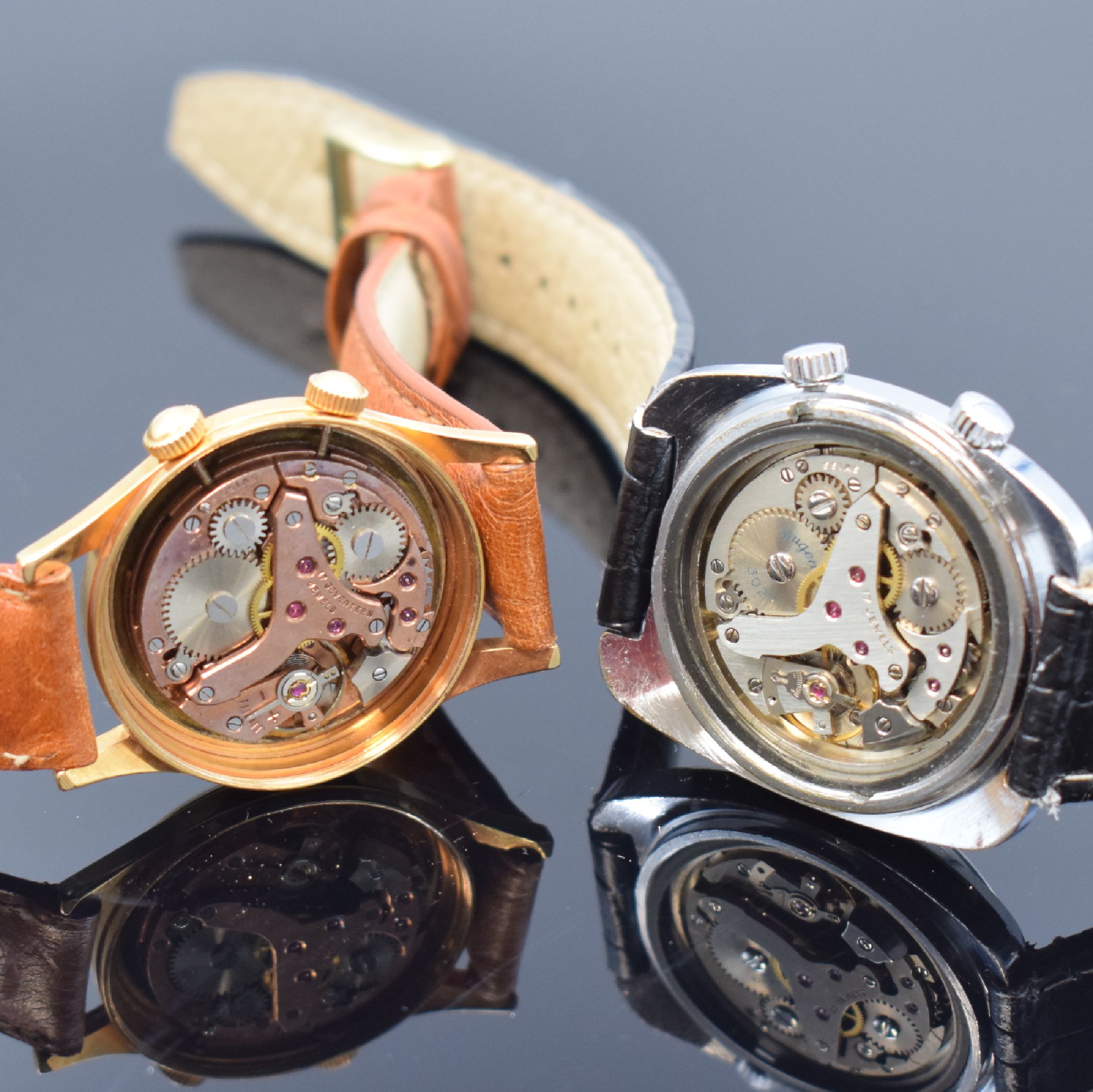 Detail e: 3 Armbandwecker: COMOR, DUGENA und POLJOT, vergoldet oder verchromt, alle Handaufzug, Schweiz/UDSSR um 1960 bis 1990, Comor: rotverg. AS Kal. 1475, ...