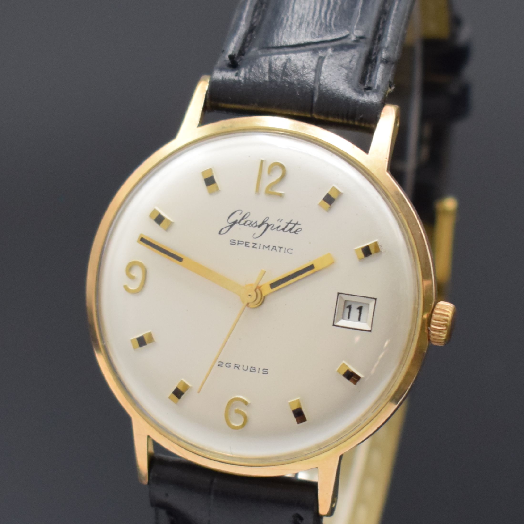 Detail a: GLASHÜTTE Spezimatic vergoldete Armbanduhr, Handaufzug, DDR um 1970, Stahlboden aufgedr., Zifferbl. rest., Datum bei 3, vern. Werk Kal. 75, 26 St., ...