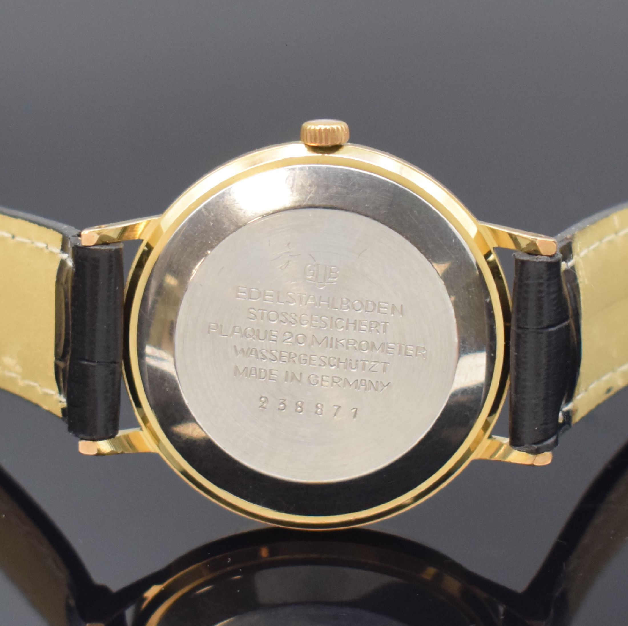 Detail c: GLASHÜTTE Spezimatic vergoldete Armbanduhr, Handaufzug, DDR um 1970, Stahlboden aufgedr., Zifferbl. rest., Datum bei 3, vern. Werk Kal. 75, 26 St., ...