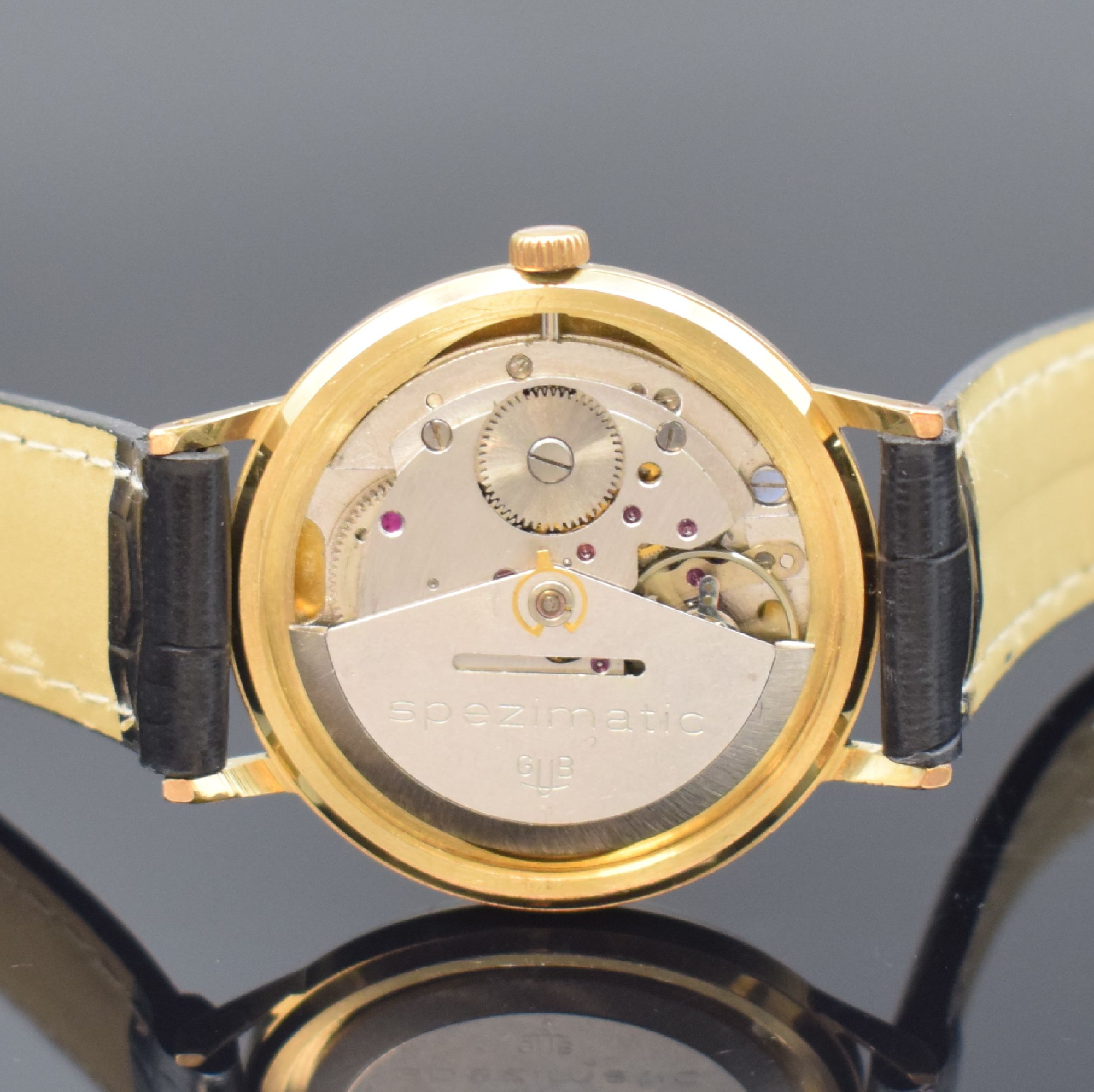 Detail d: GLASHÜTTE Spezimatic vergoldete Armbanduhr, Handaufzug, DDR um 1970, Stahlboden aufgedr., Zifferbl. rest., Datum bei 3, vern. Werk Kal. 75, 26 St., ...