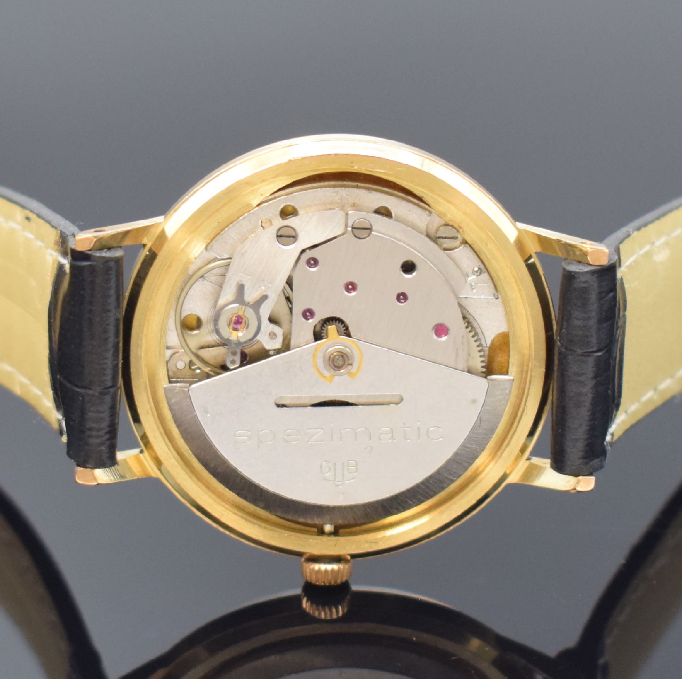Detail e: GLASHÜTTE Spezimatic vergoldete Armbanduhr, Handaufzug, DDR um 1970, Stahlboden aufgedr., Zifferbl. rest., Datum bei 3, vern. Werk Kal. 75, 26 St., ...
