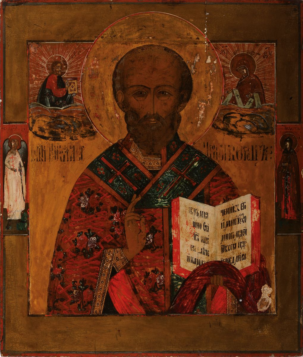 Detail k: Ikone, Russland, um 1800/1820, Heiliger Nikolaus, Tempera/Holz, vertieftes Mittelfeld, vier Randheilige, ca. 54x45 cm l. rest., Altersspuren, re. ...