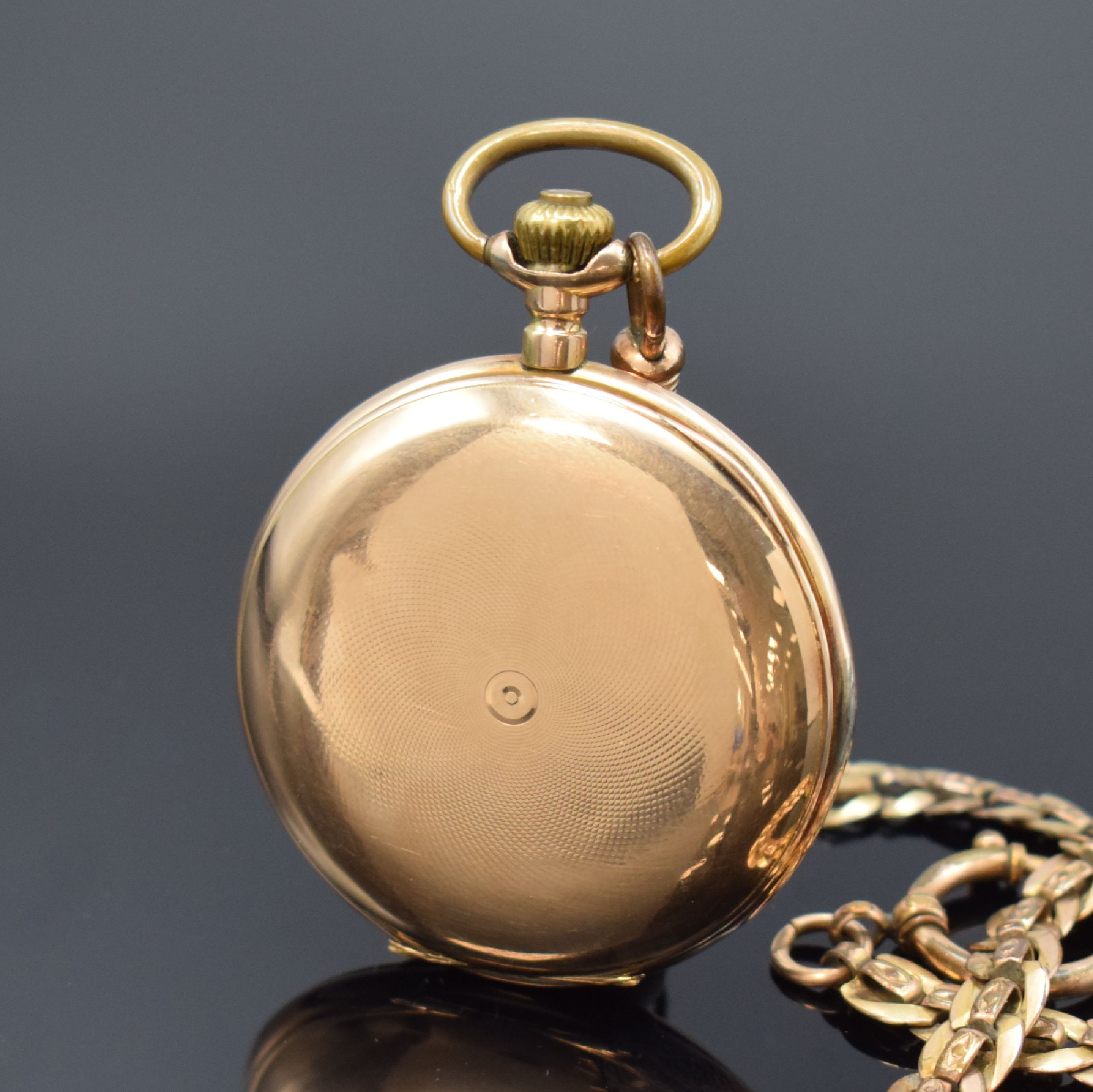 Detail c: MONOPOL DÜRRSTEIN Savonette in RG 585/000 mit vergoldeter Kette, Schweiz um 1900, 3- Deckel Goldgeh. dell., guill. Sprung- u. Rückdeckel, ...